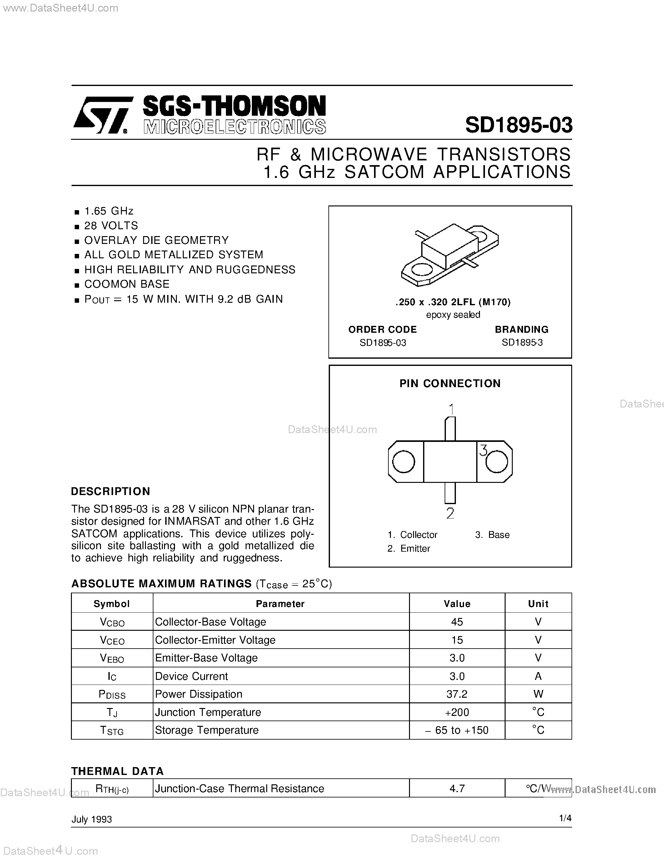 Даташит SD1895-03 - RF & MICROWAVE TRANSISTORS 1.6 GHz SATCOM APPLICATIONS страница 1