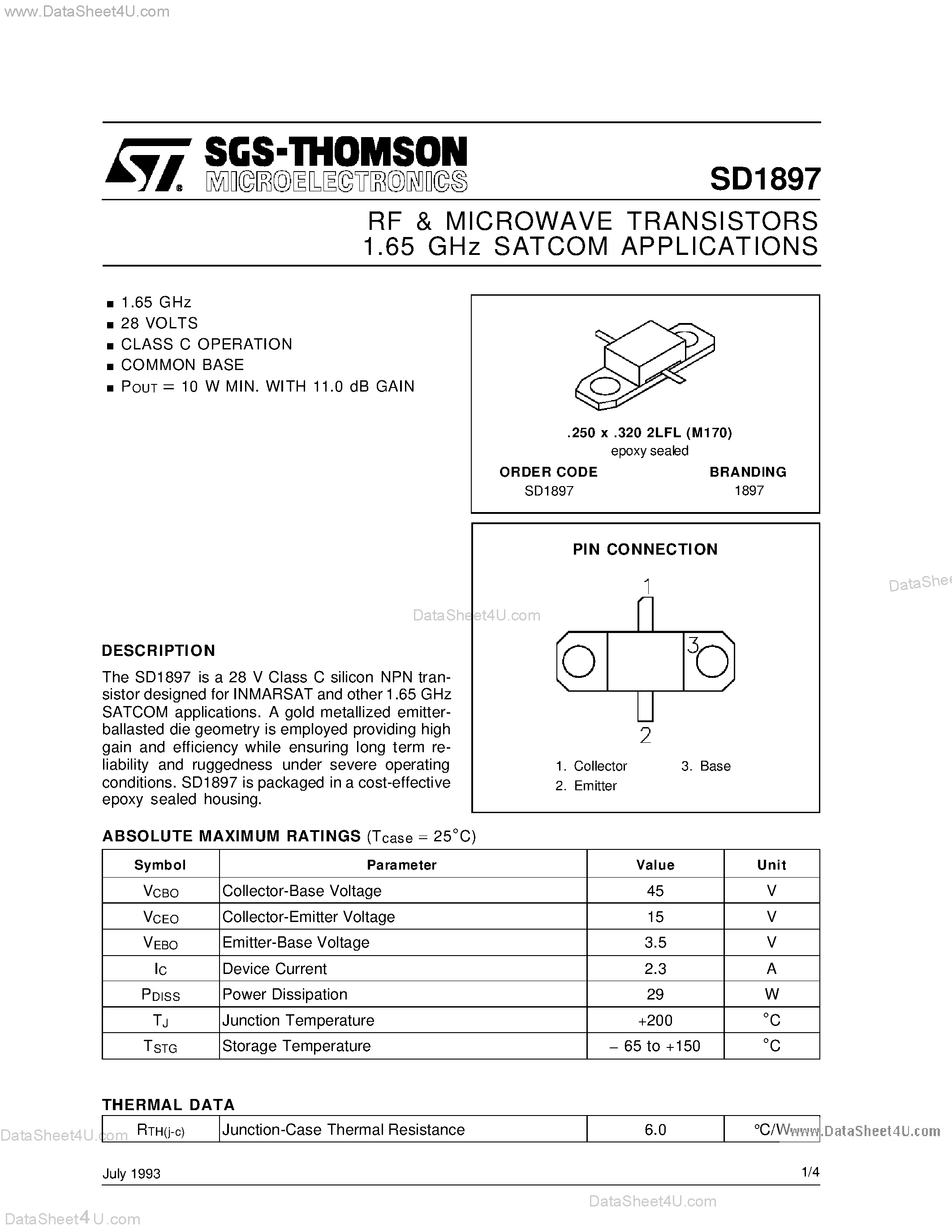 Datasheet SD1897 page 1 Datasheet SD1897 - RF & MICROWAVE TRANSISTORS 1.65 GHz SATCOM APPLICATIONS page 1