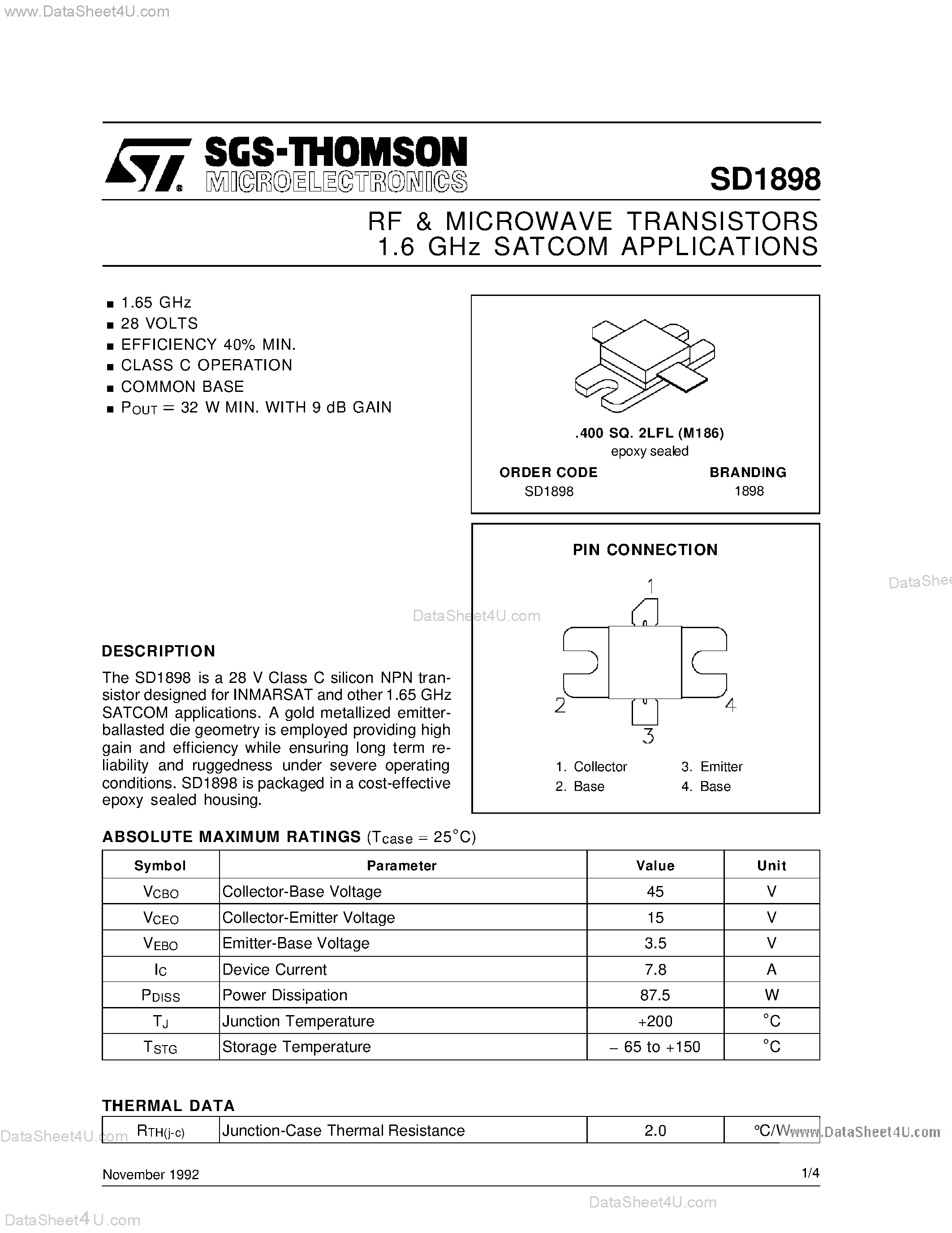 Даташит SD1898 - RF & MICROWAVE TRANSISTORS 1.6 GHz SATCOM APPLICATIONS страница 1