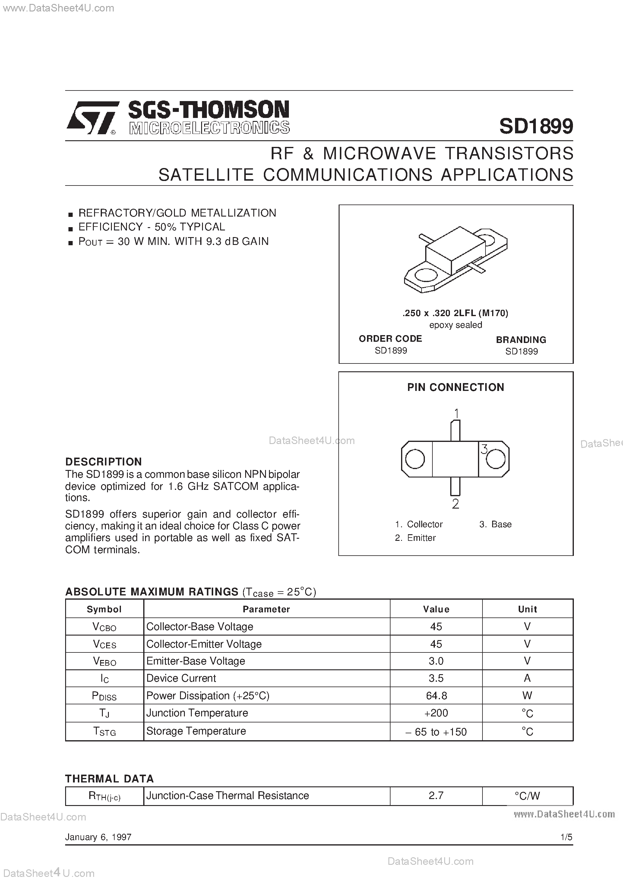 Даташит на микросхему SD1899 страница 1 Даташит SD1899 - RF & MICROWAVE TRANSISTORS SATELLITE COMMUNICATIONS APPLICATIONS страница 1