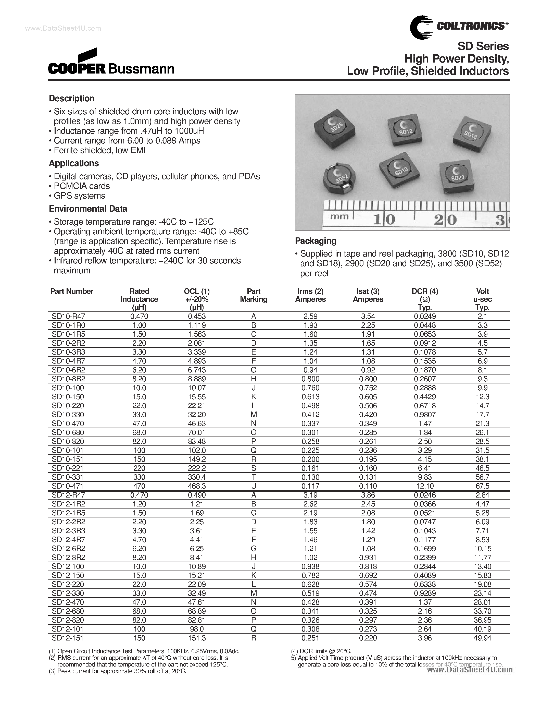 Datasheet SD10-xxx - (SD Series) High Power Density / Low Profile / Shielded Inductors page 1