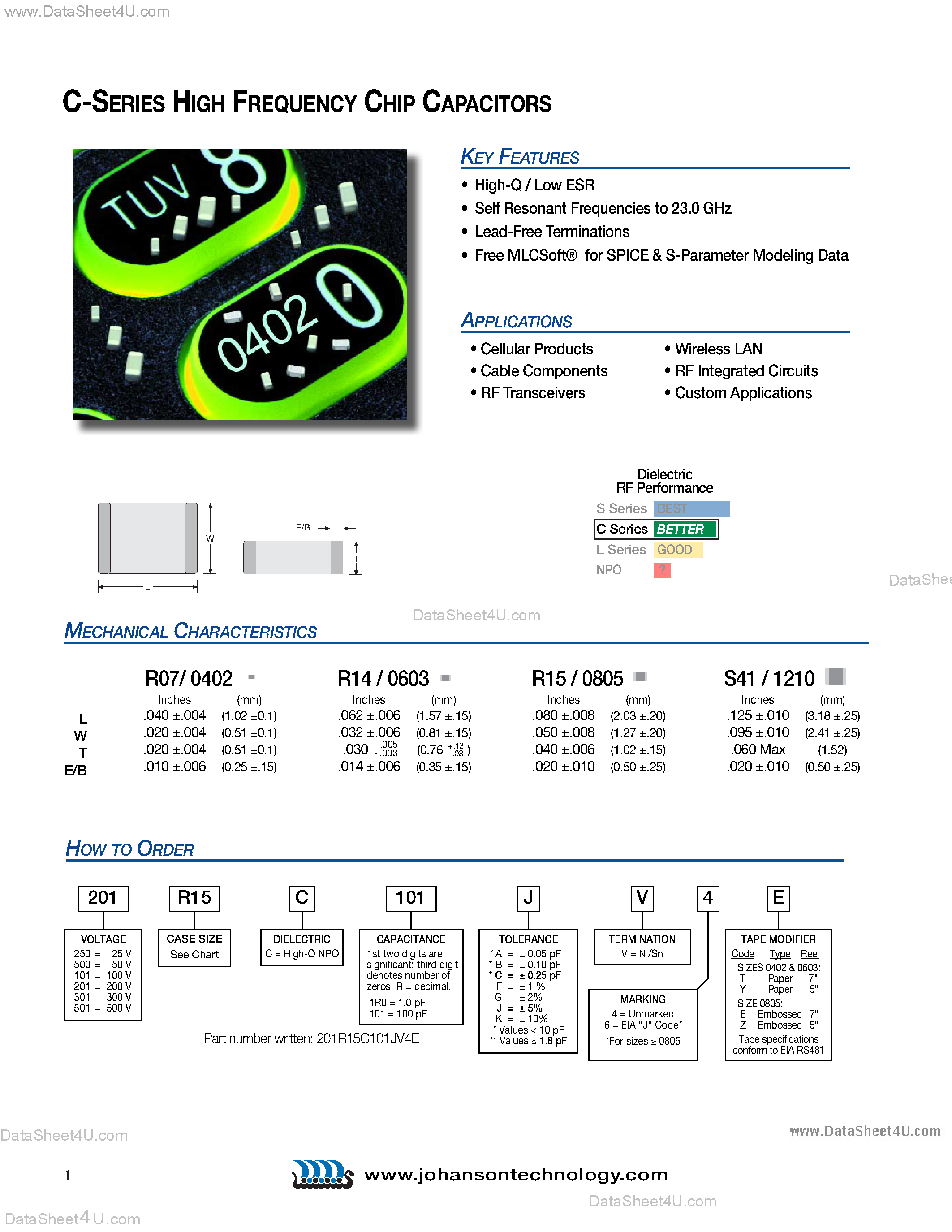 Даташит 201R15C100JV4E - (C Series) High Frequency Chip Capacitors страница 1