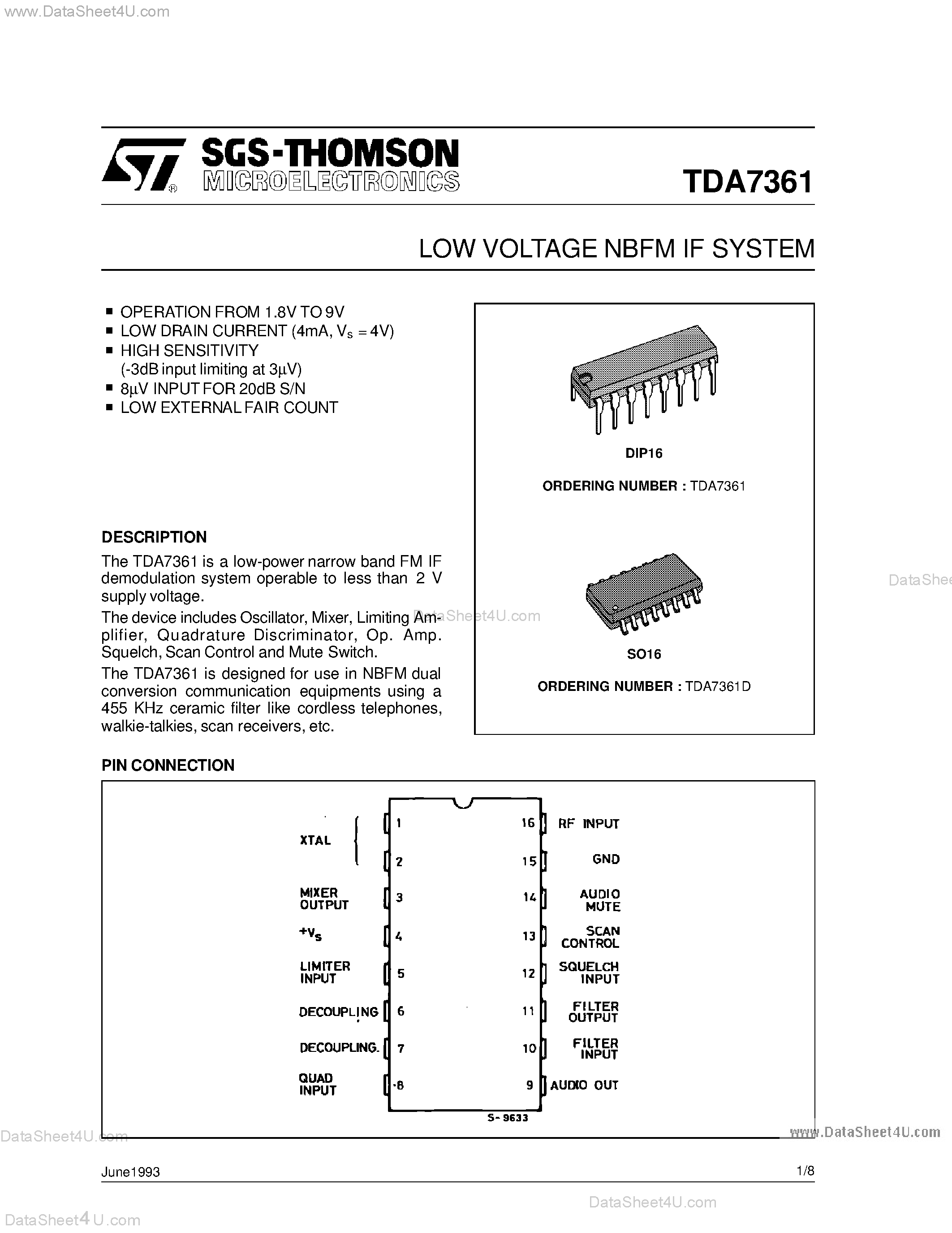 Datasheet TDA7361 page 1 Datasheet TDA7361 - Low Voltage NBFM IF System page 1