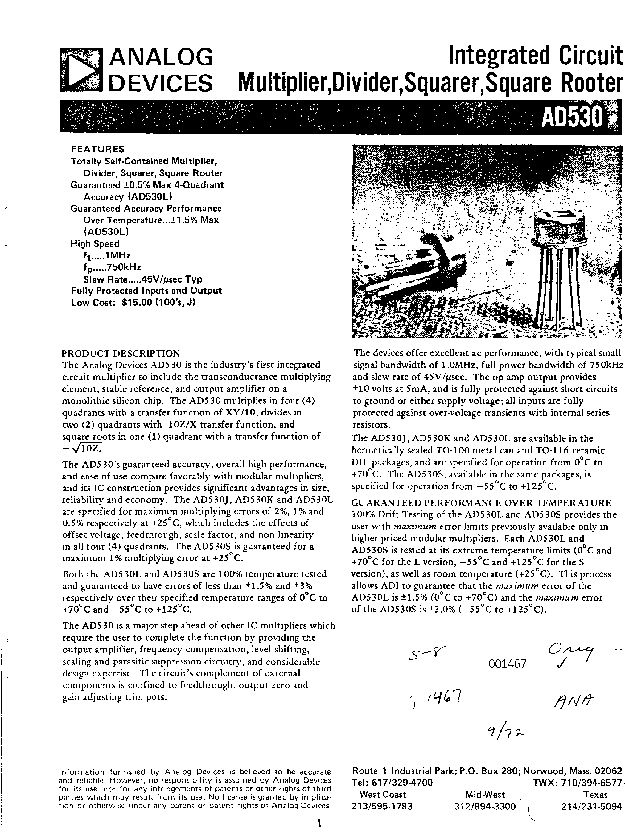 Datasheet AD530 - Integrated Circuit / Multiplier / Divider / Square Rooter page 1