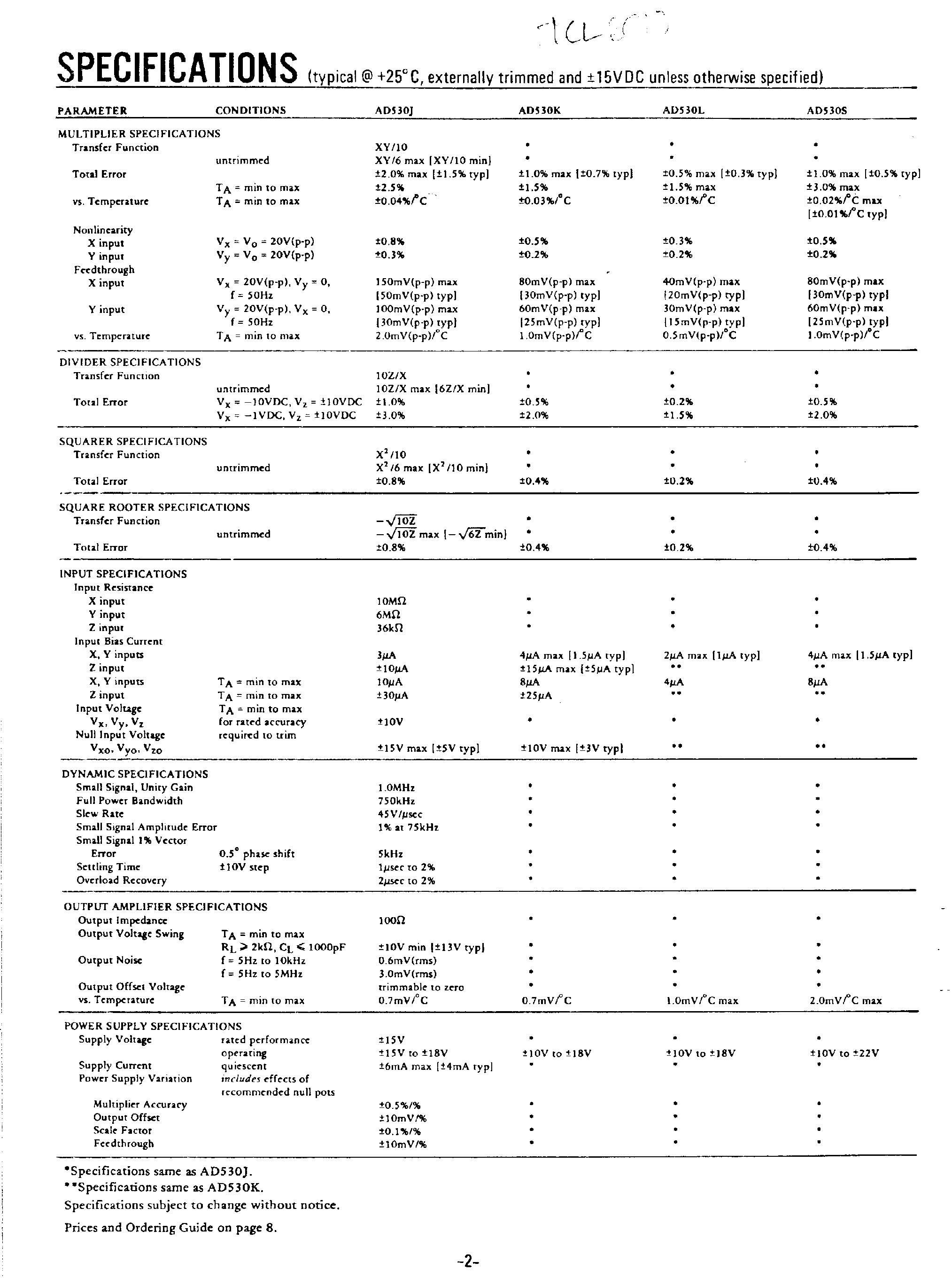 Datasheet AD530 - Integrated Circuit / Multiplier / Divider / Square Rooter page 2