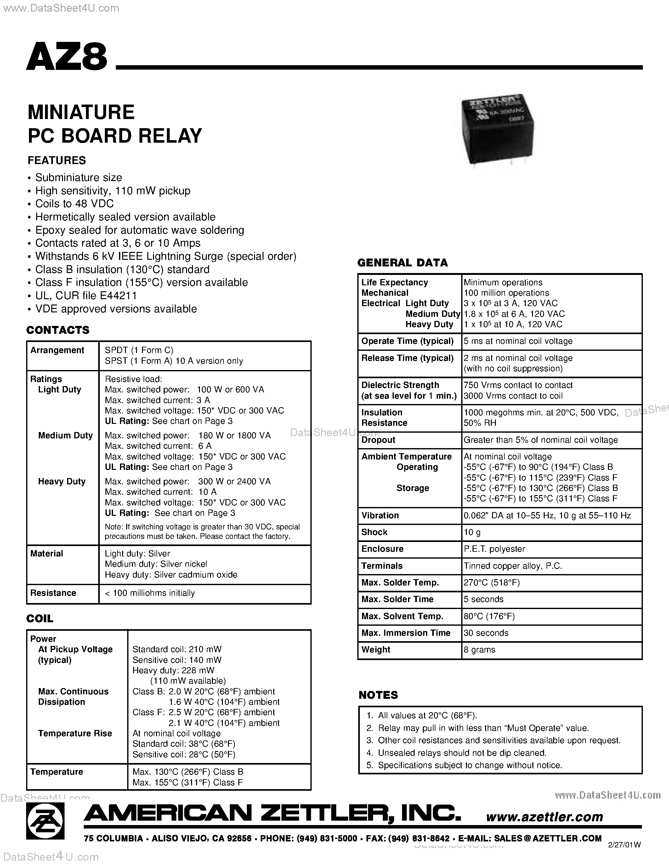Даташит на микросхему AZ8-1CH-12DE страница 1 Даташит AZ8-1CH-12DE - (AZ8 Series) Miniature PC Board Relay страница 1