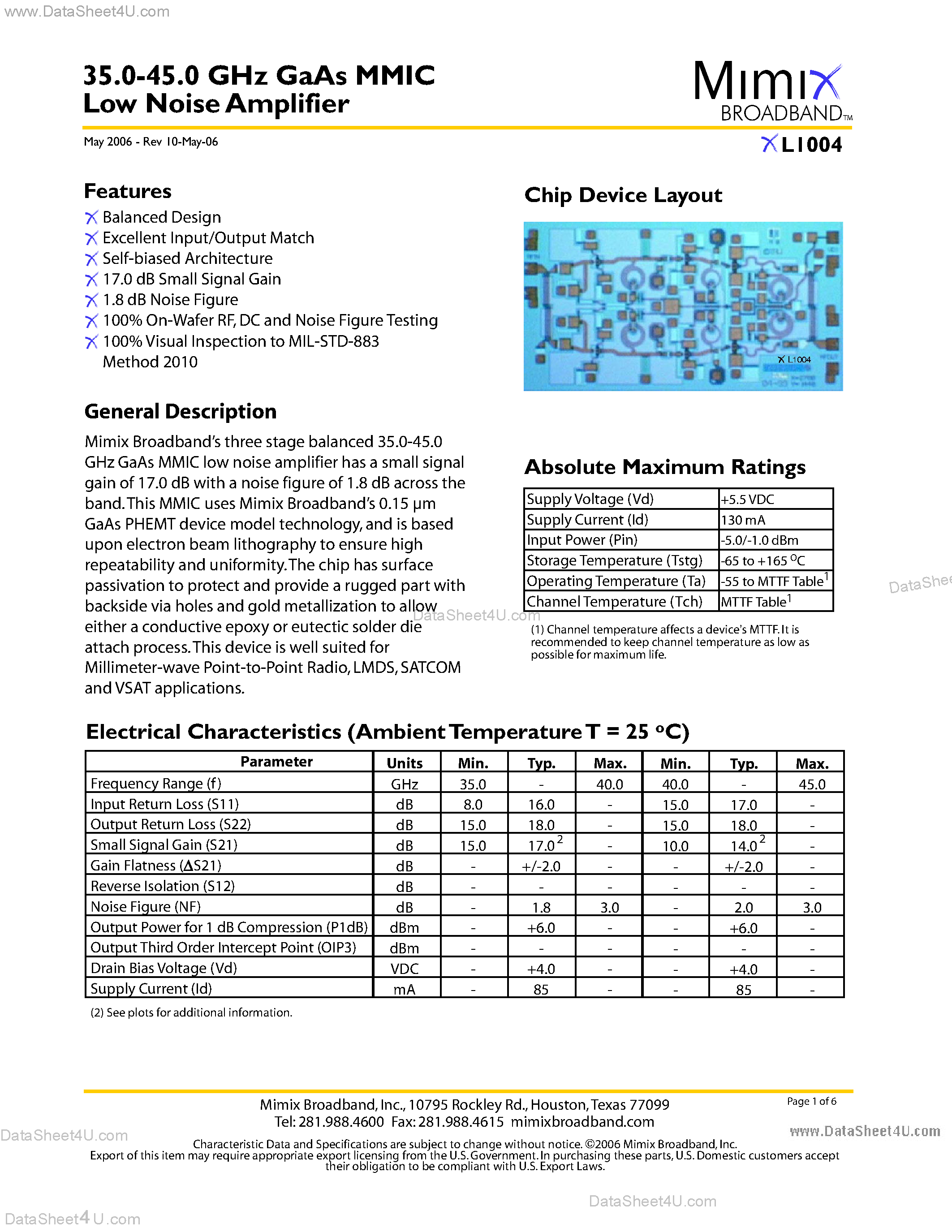 Datasheet XL1004 - 35.0-45.0 GHz GaAs MMIC Low Noise Amplifier page 1