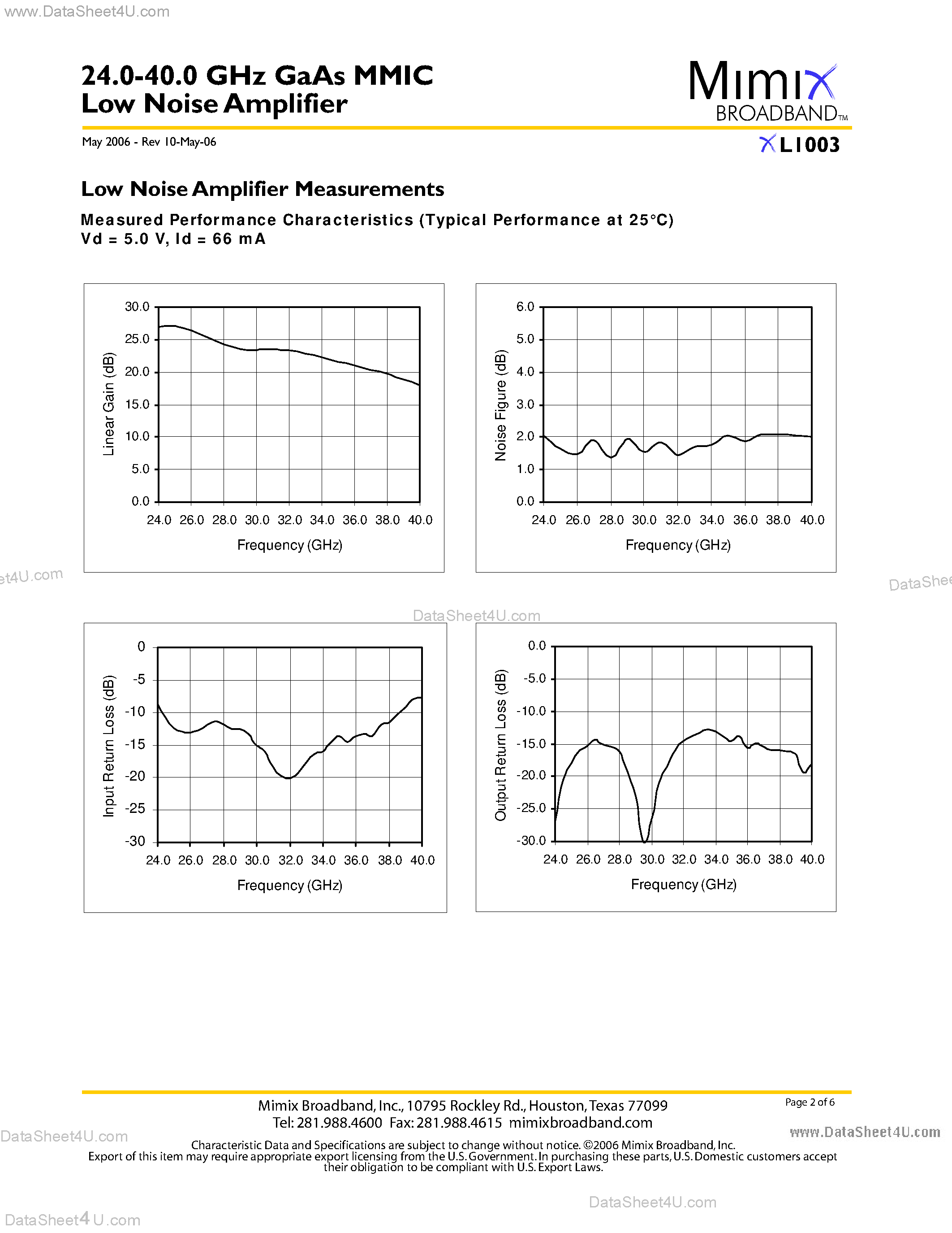 Datasheet XL1003 - 24.0-40.0 GHz GaAs MMIC Low Noise Amplifier page 2