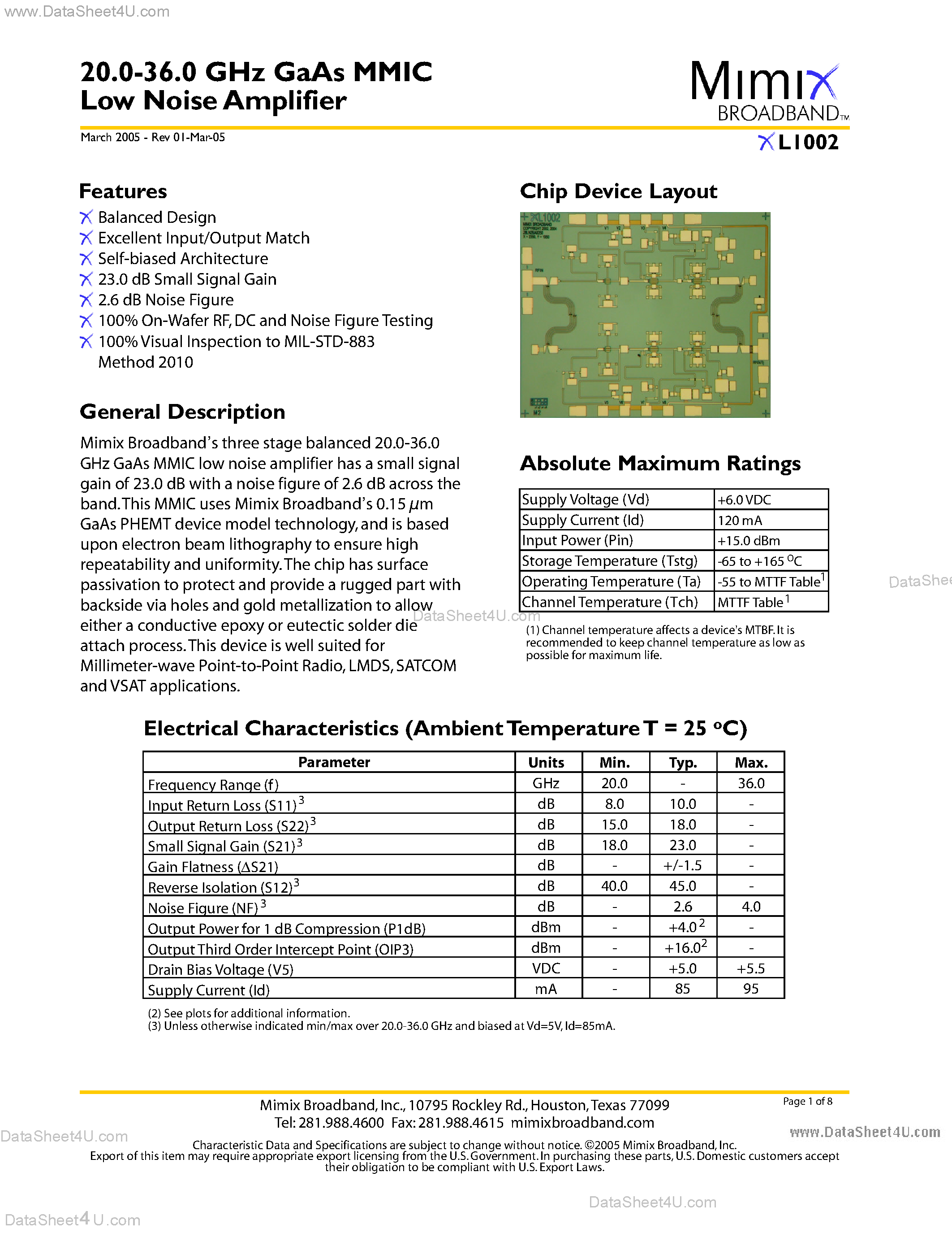 Datasheet XL1002 - 20.0-36.0 GHz GaAs MMIC Low Noise Amplifier page 1
