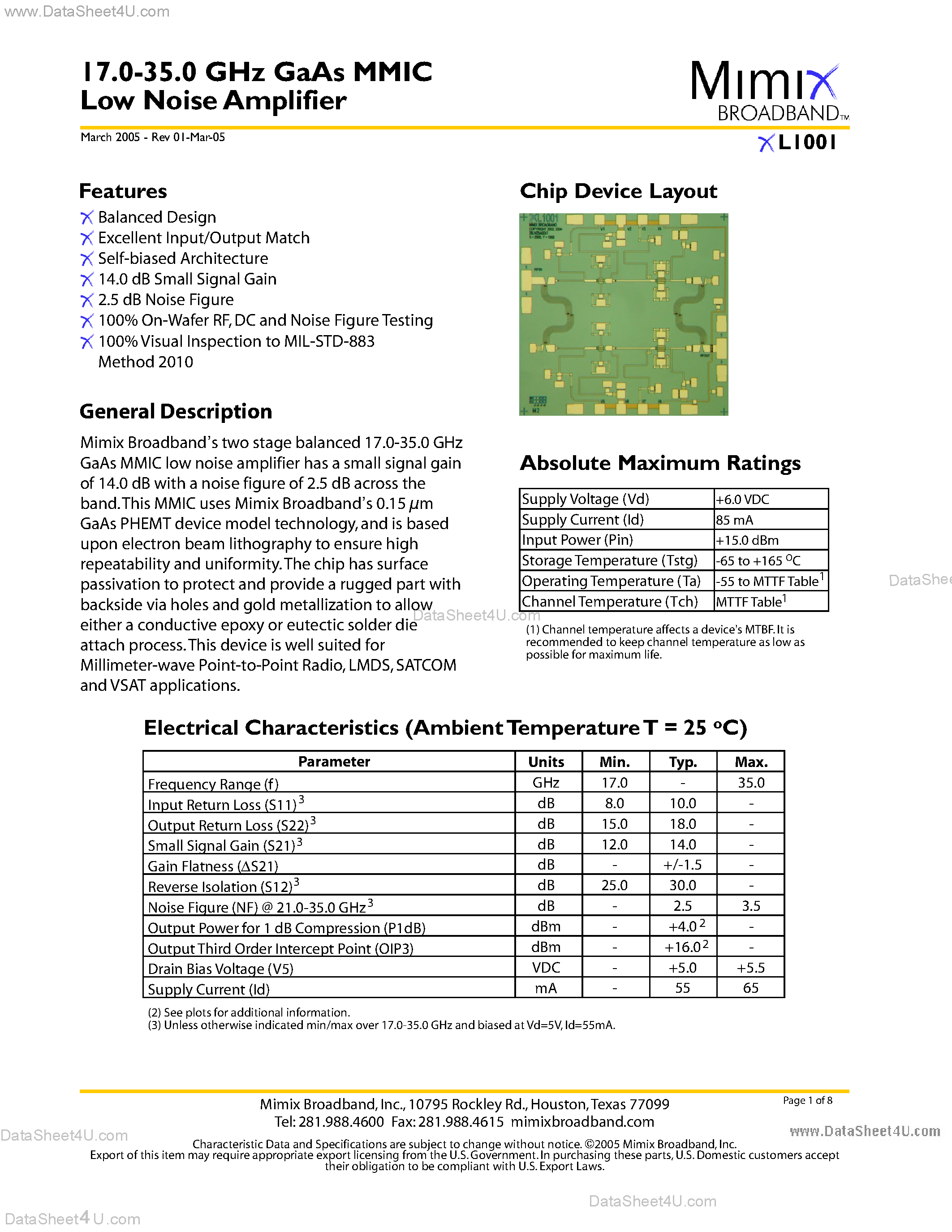 Datasheet XL1001 - 17.0-35.0 GHz GaAs MMIC Low Noise Amplifier page 1