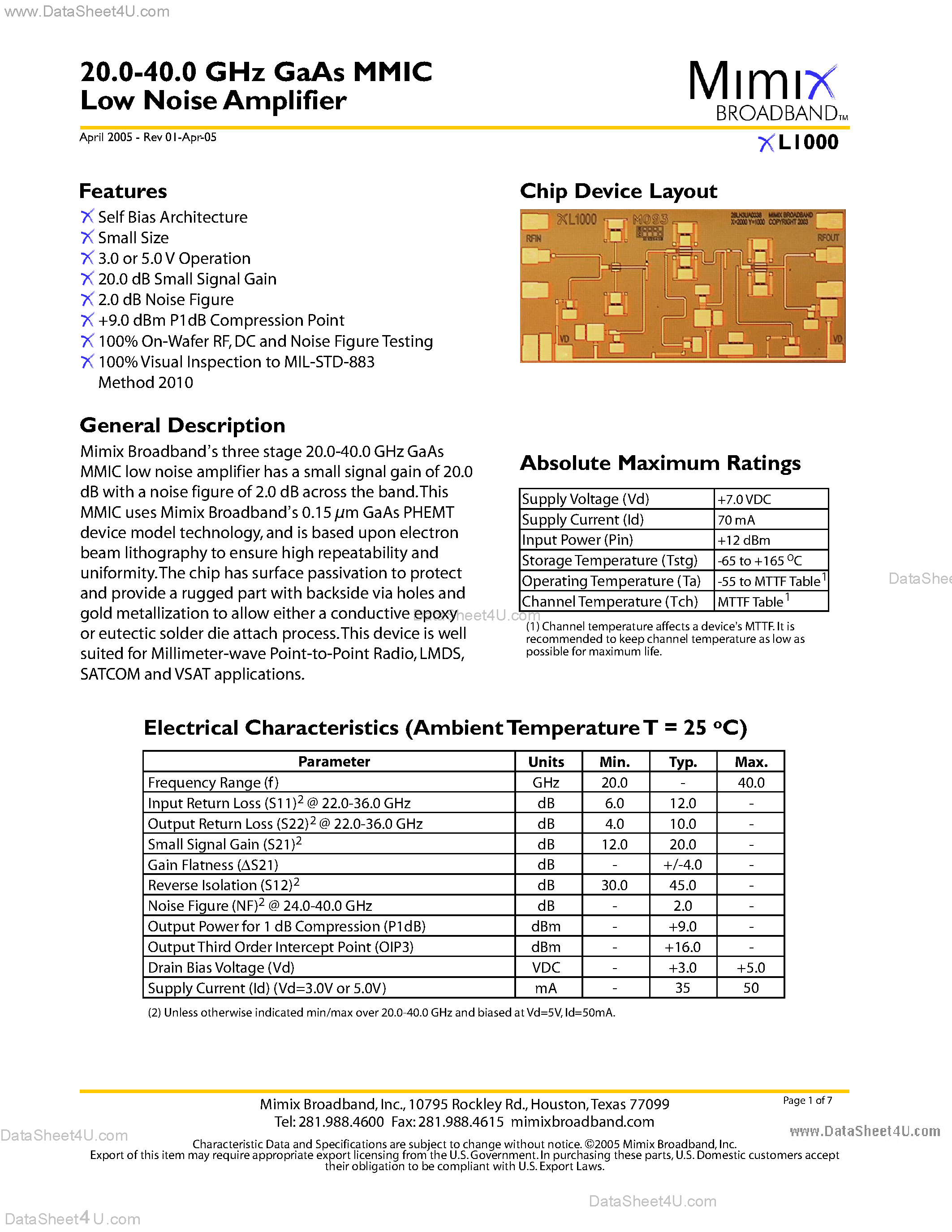 Datasheet XL1000 - 20.0-40.0 GHz GaAs MMIC Low Noise Amplifier page 1
