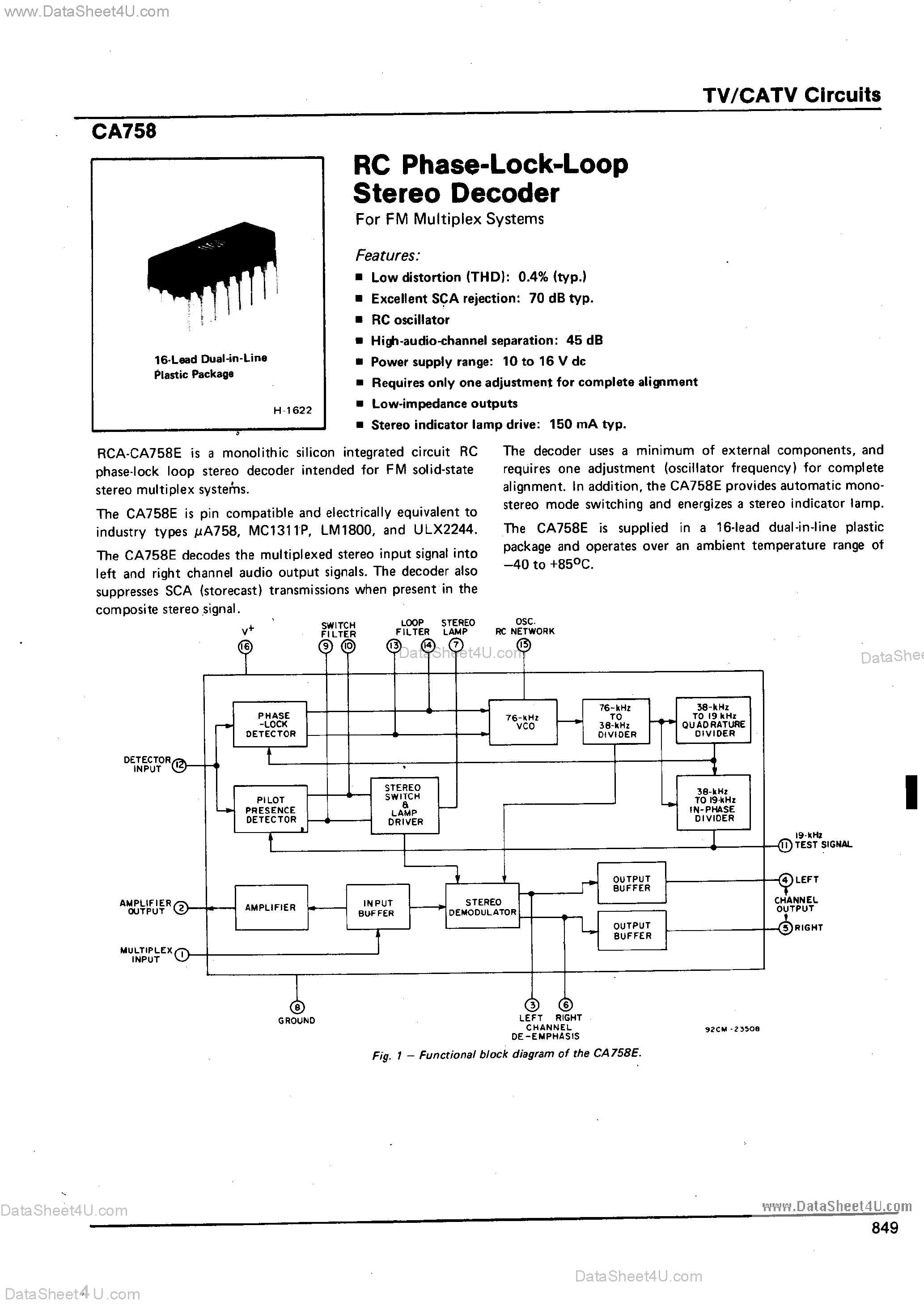 Даташит CA758 - RC Phase Lock Loop Stereo Decoder страница 1