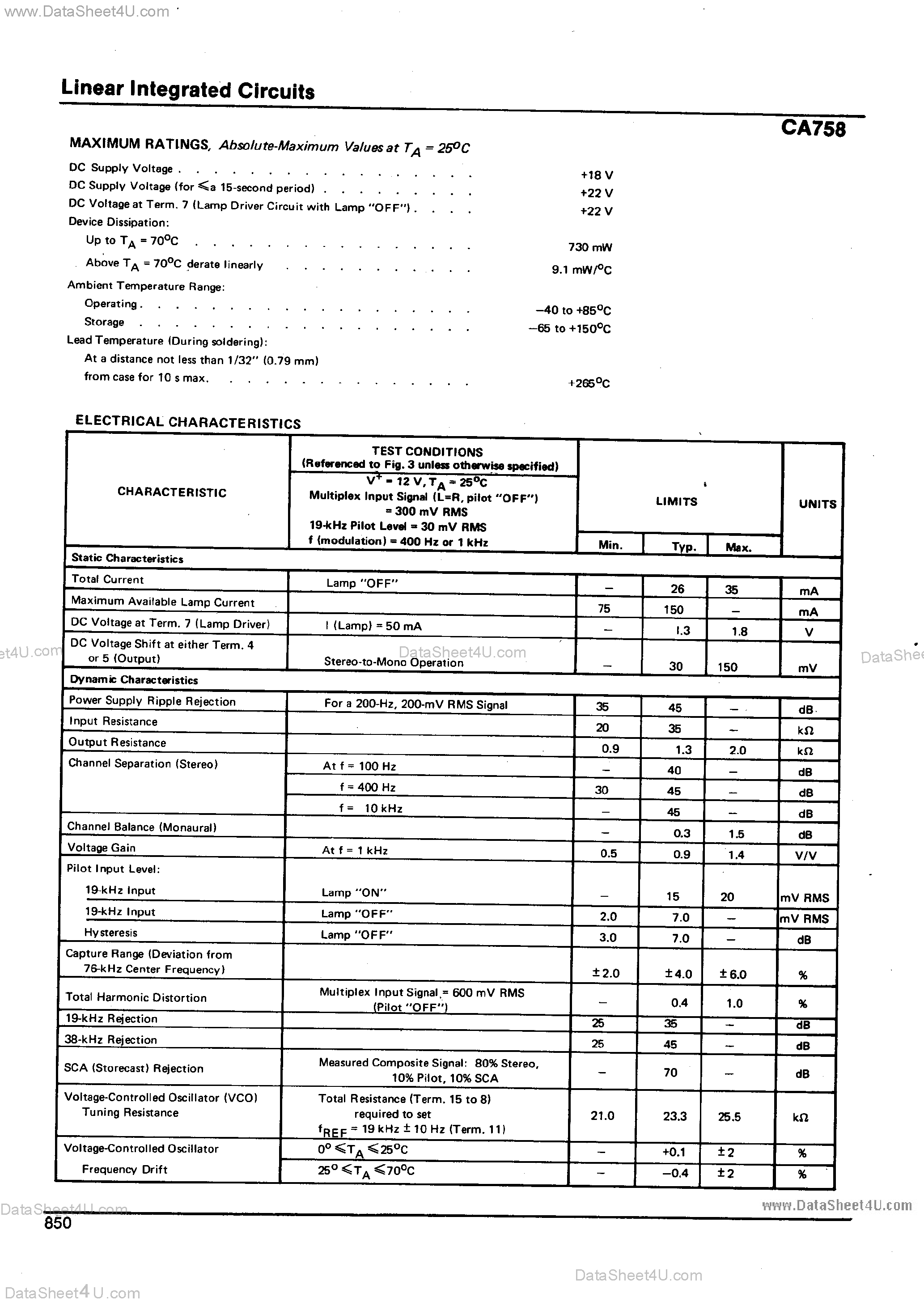 Даташит CA758 - RC Phase Lock Loop Stereo Decoder страница 2