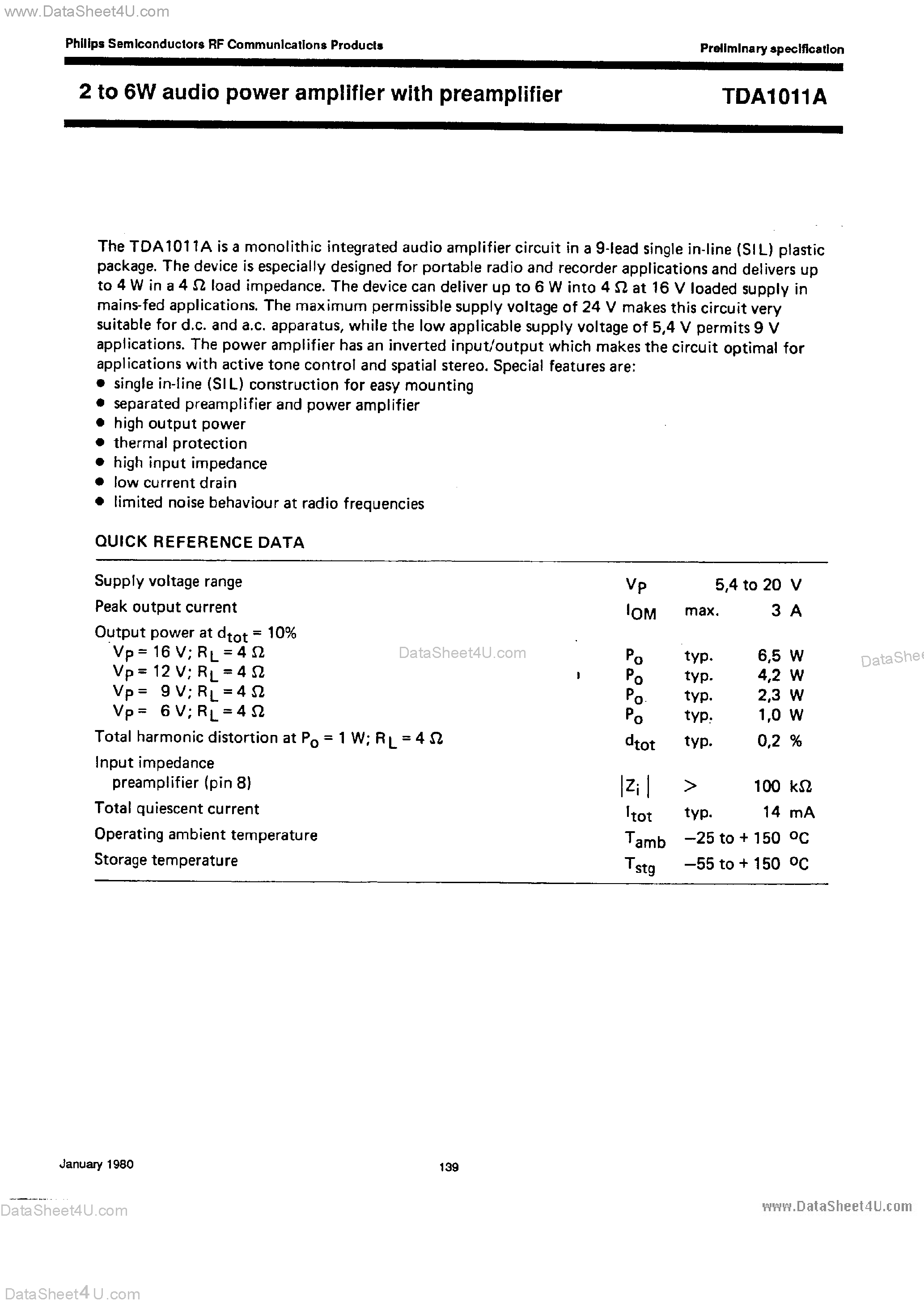 Datasheet TDA1011A page 1 Datasheet TDA1011A - 2 to 6w Audio Power Amplifier With Preamplifier page 1