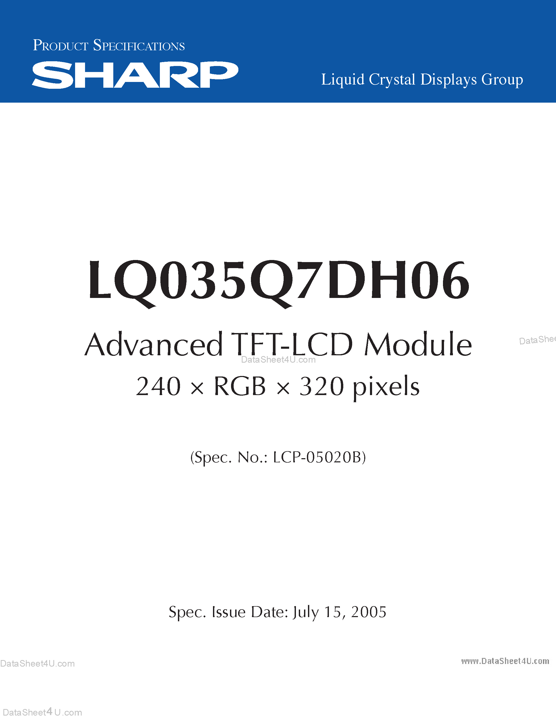 Datasheet LQ035Q7DH06 - Advanced TFT-LCD Module 240 x RGB x 320 pixels page 1