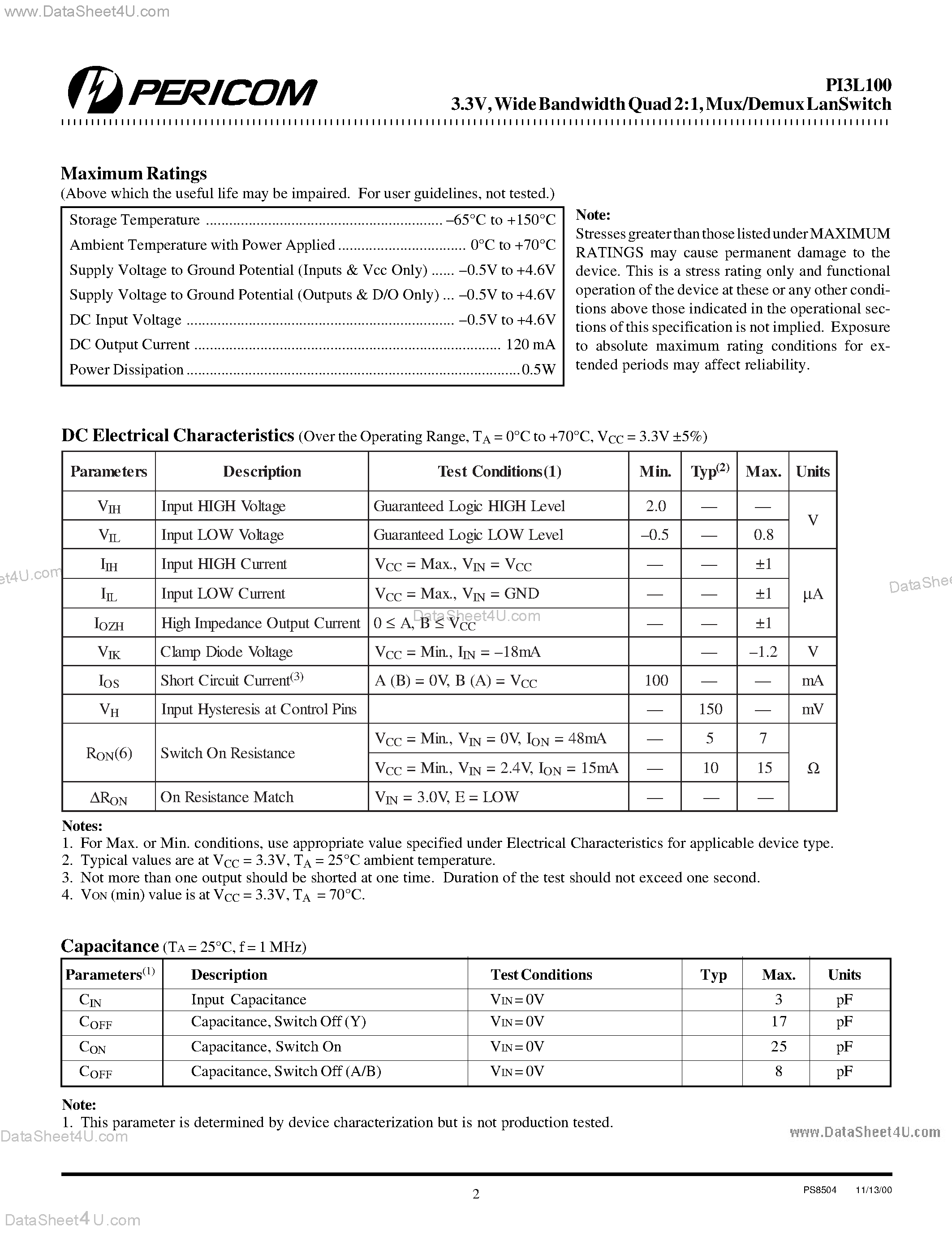 Datasheet PI3L100 - Wide Bandwidth Quad 2:1 Mux/Demux LanSwitch page 2