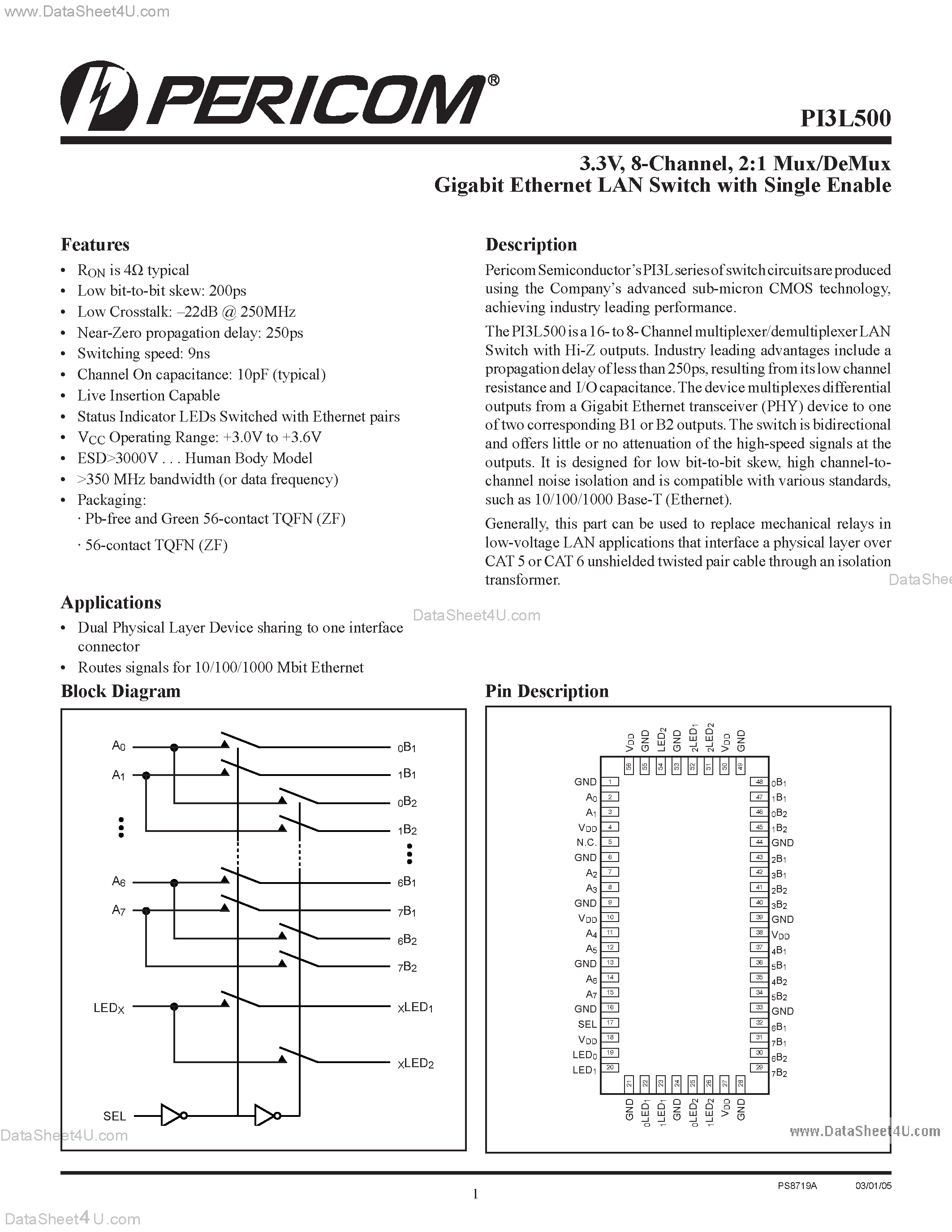 Datasheet PI3L500 page 1 Datasheet PI3L500 - 2:1 Mux/DeMux Gigabit Ethernet LAN Switch with Single Enable page 1