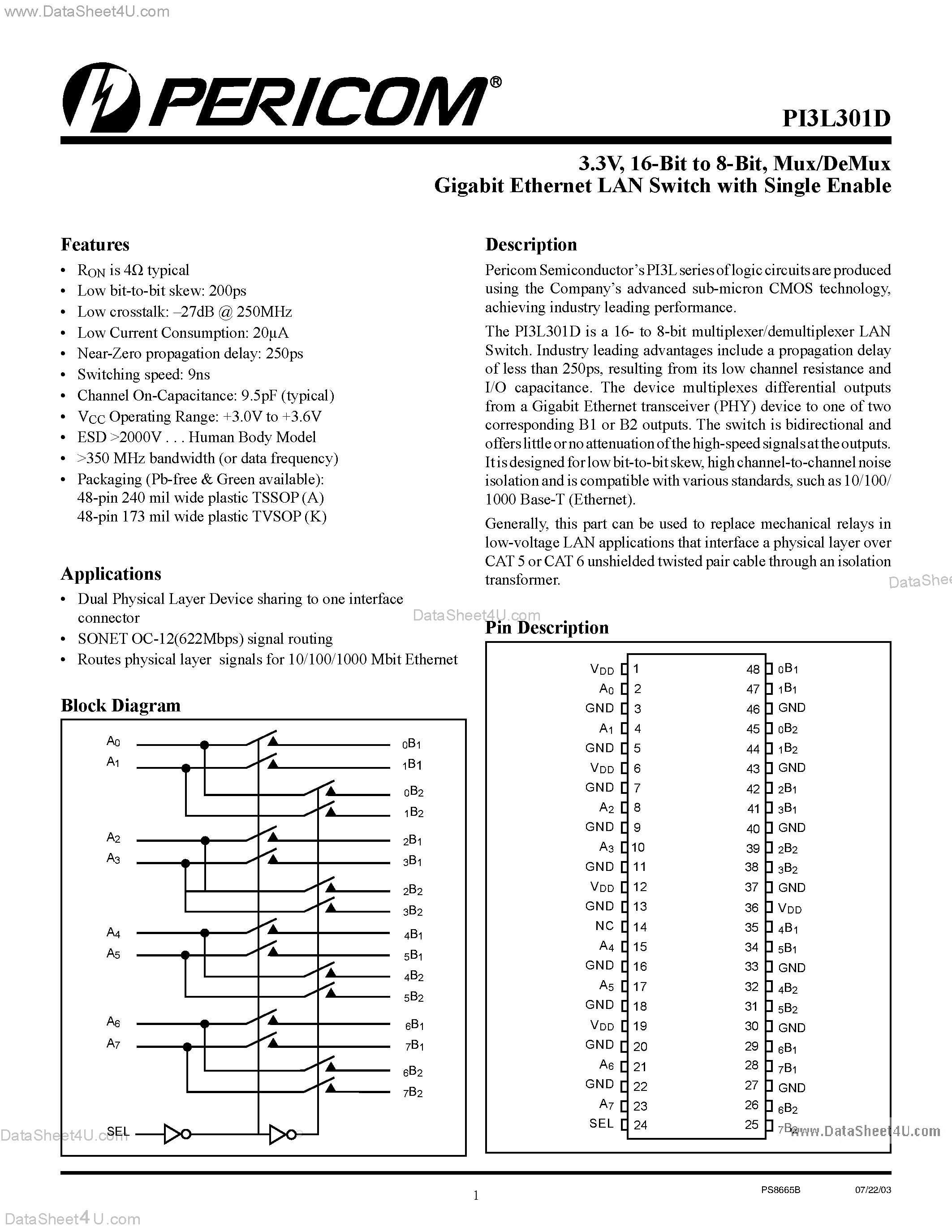 Datasheet PI3L301D page 1 Datasheet PI3L301D - 16-Bit to 8-Bit Mux/DeMux Gigabit Ethernet LAN Switch with Single Enable page 1