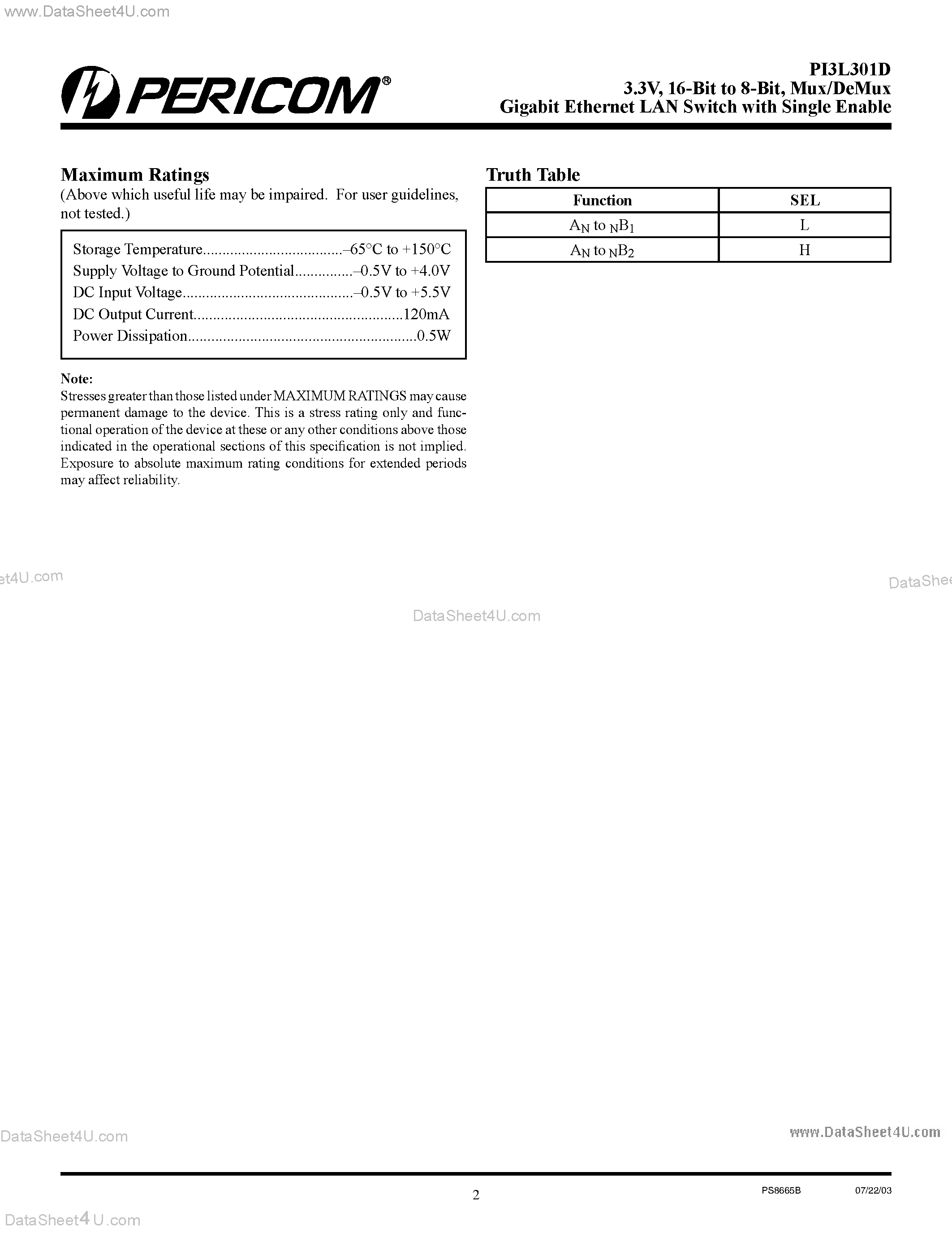 Datasheet PI3L301D page 2 Datasheet PI3L301D - 16-Bit to 8-Bit Mux/DeMux Gigabit Ethernet LAN Switch with Single Enable page 2