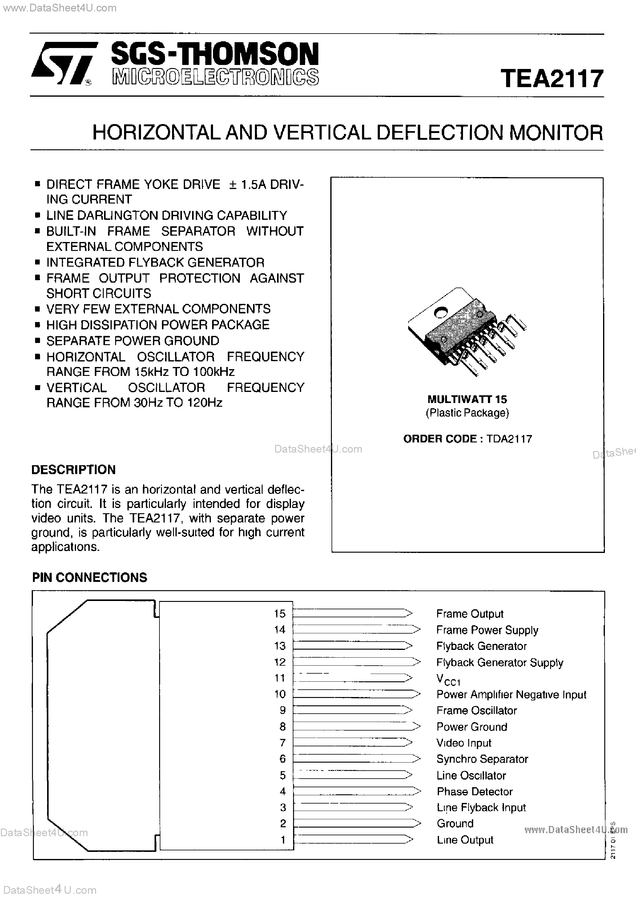 Даташит на микросхему TEA2117 страница 1 Даташит TEA2117 - Horizontal and Vertical Deflection Monitor страница 1