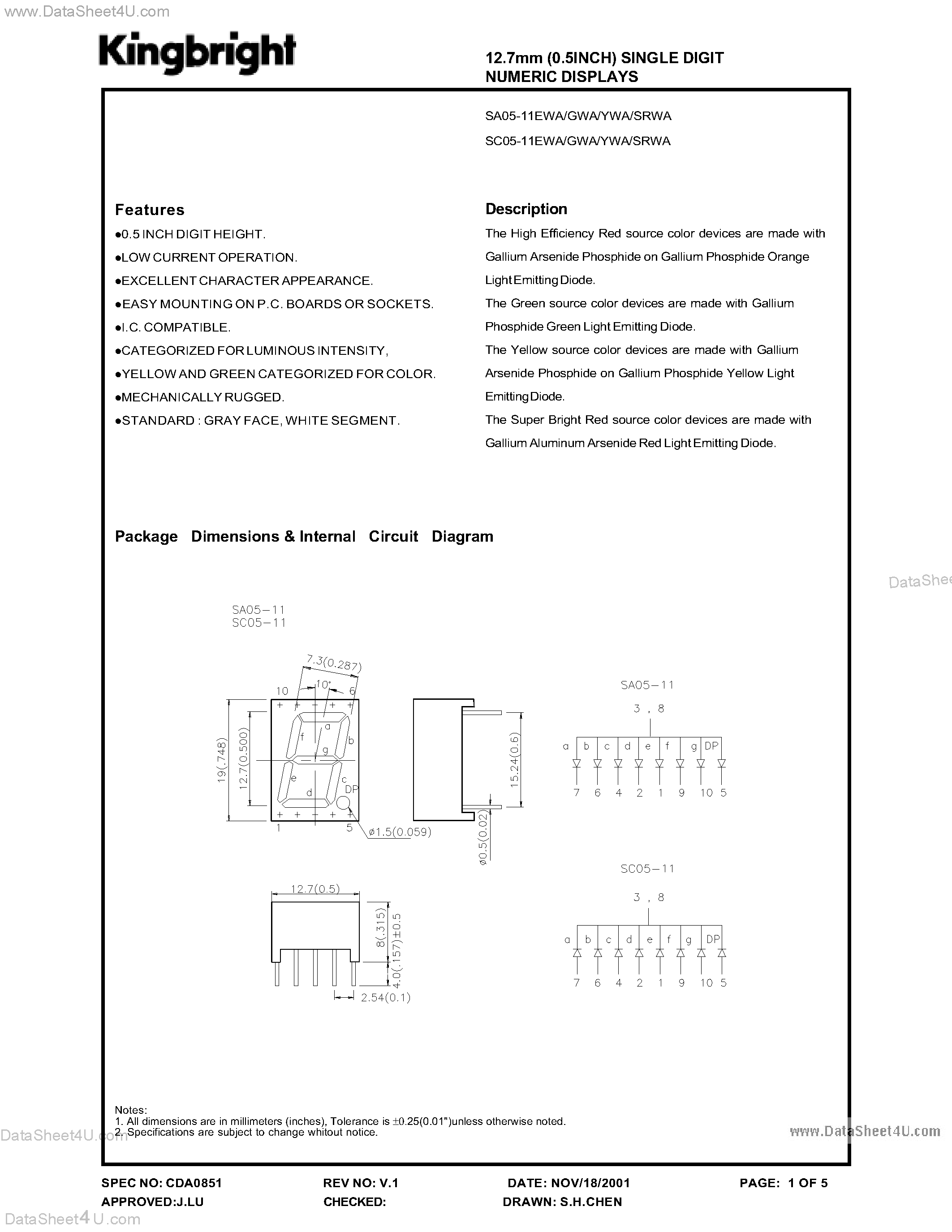 Даташит на микросхему SC05-11 страница 1 Даташит SC05-11 - 12.7 MM SINGLE DIGIT NUMERIC DISPLAYS страница 1