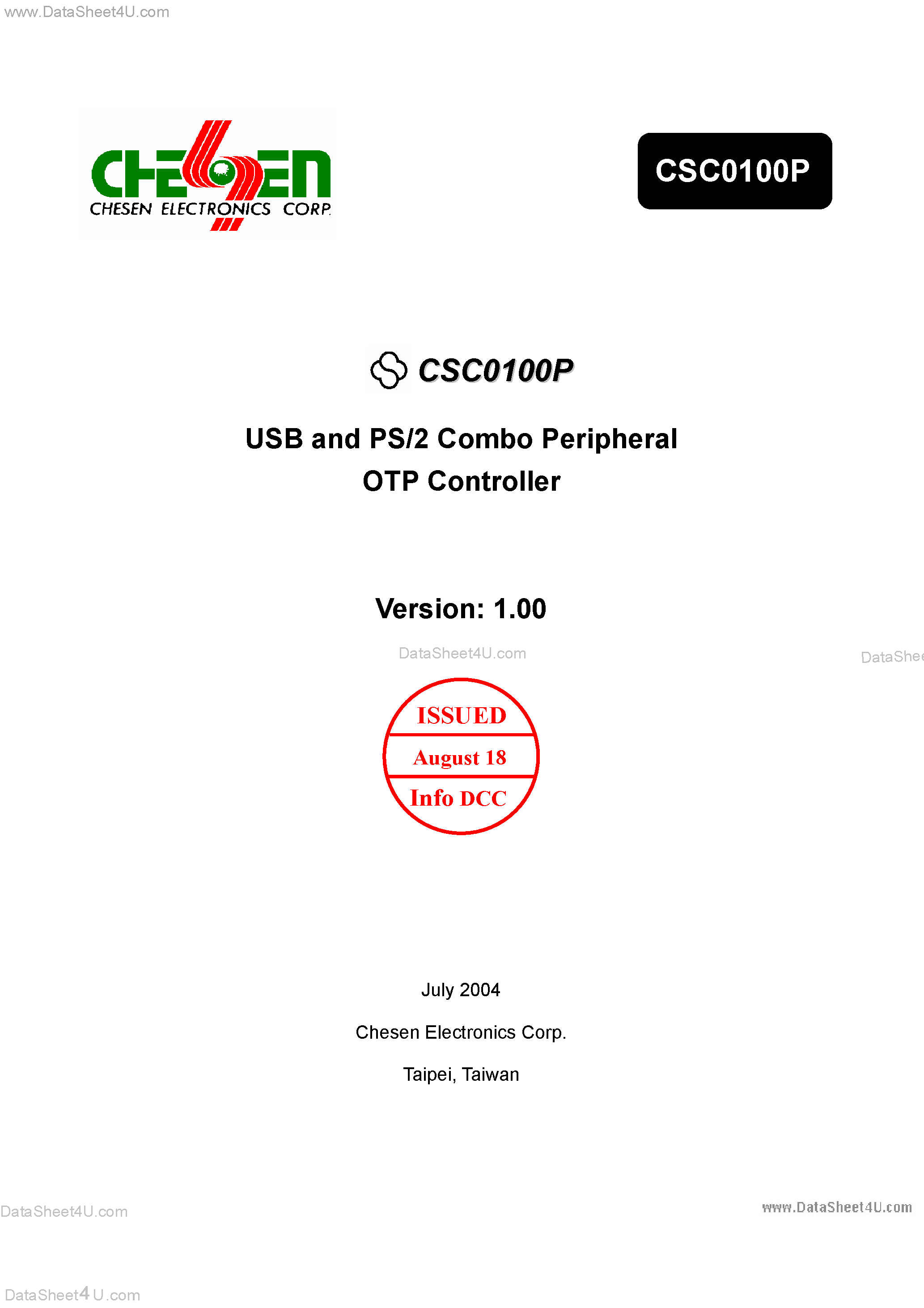 Даташит на микросхему CSC0100P страница 1 Даташит CSC0100P - USB & PS/2 Combo Mouse Peripheral страница 1