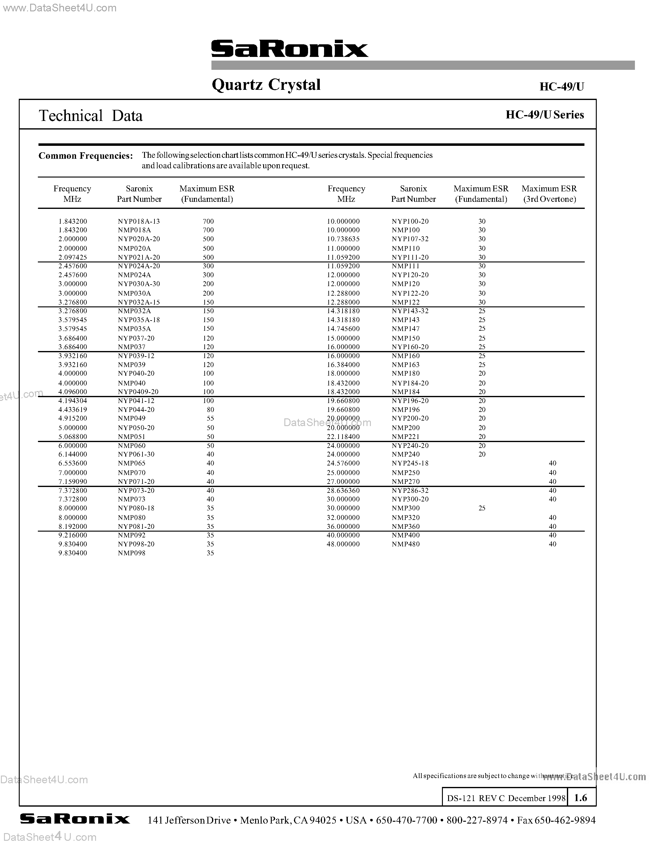 Datasheet NYP050-20 page 2 Datasheet NYP050-20 - (NYPxxx-xx) Quartz Crystal page 2
