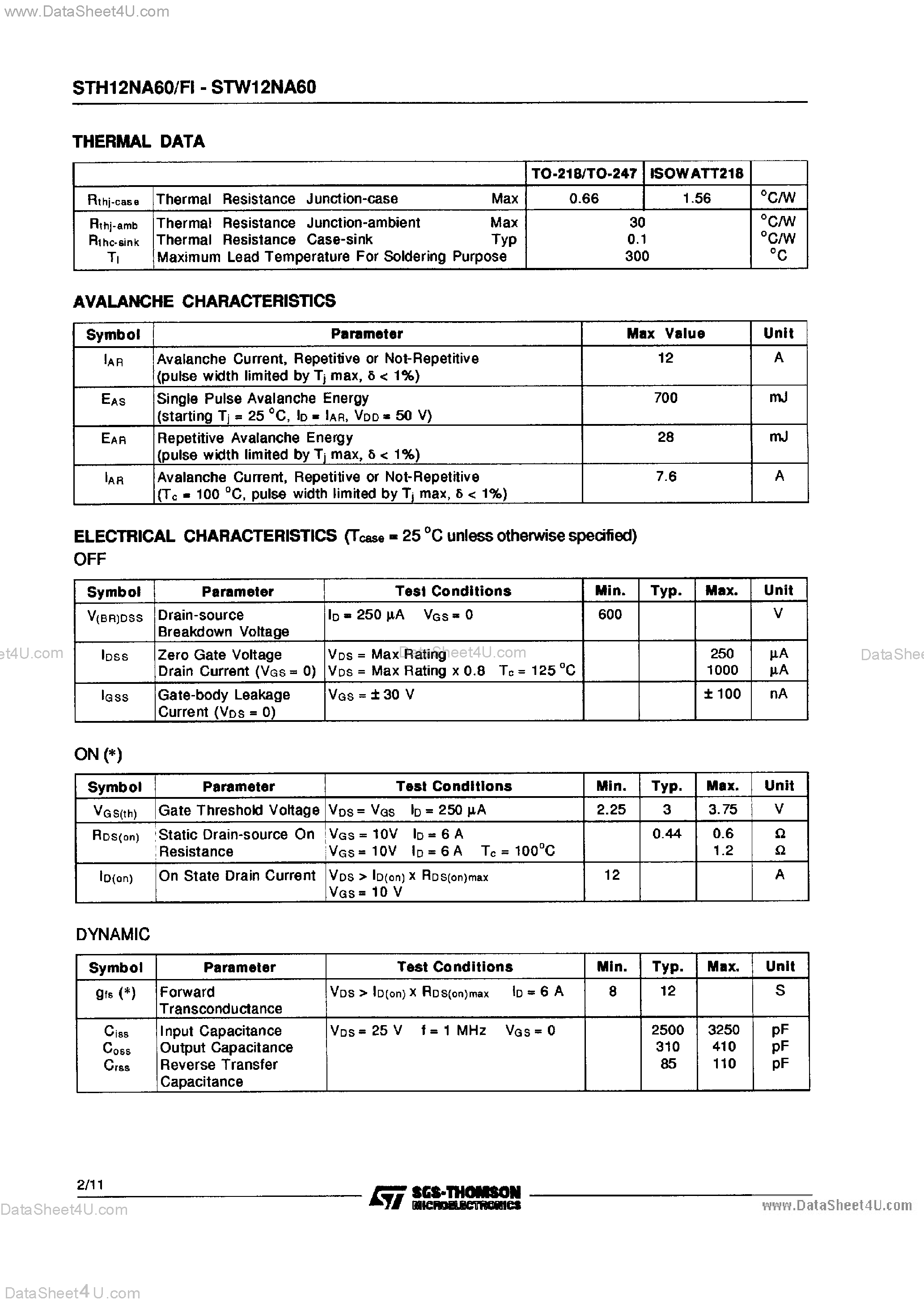 Datasheet STH12N60 - N-Channel Enhancement Mode Fast Power MOS Transistor page 2
