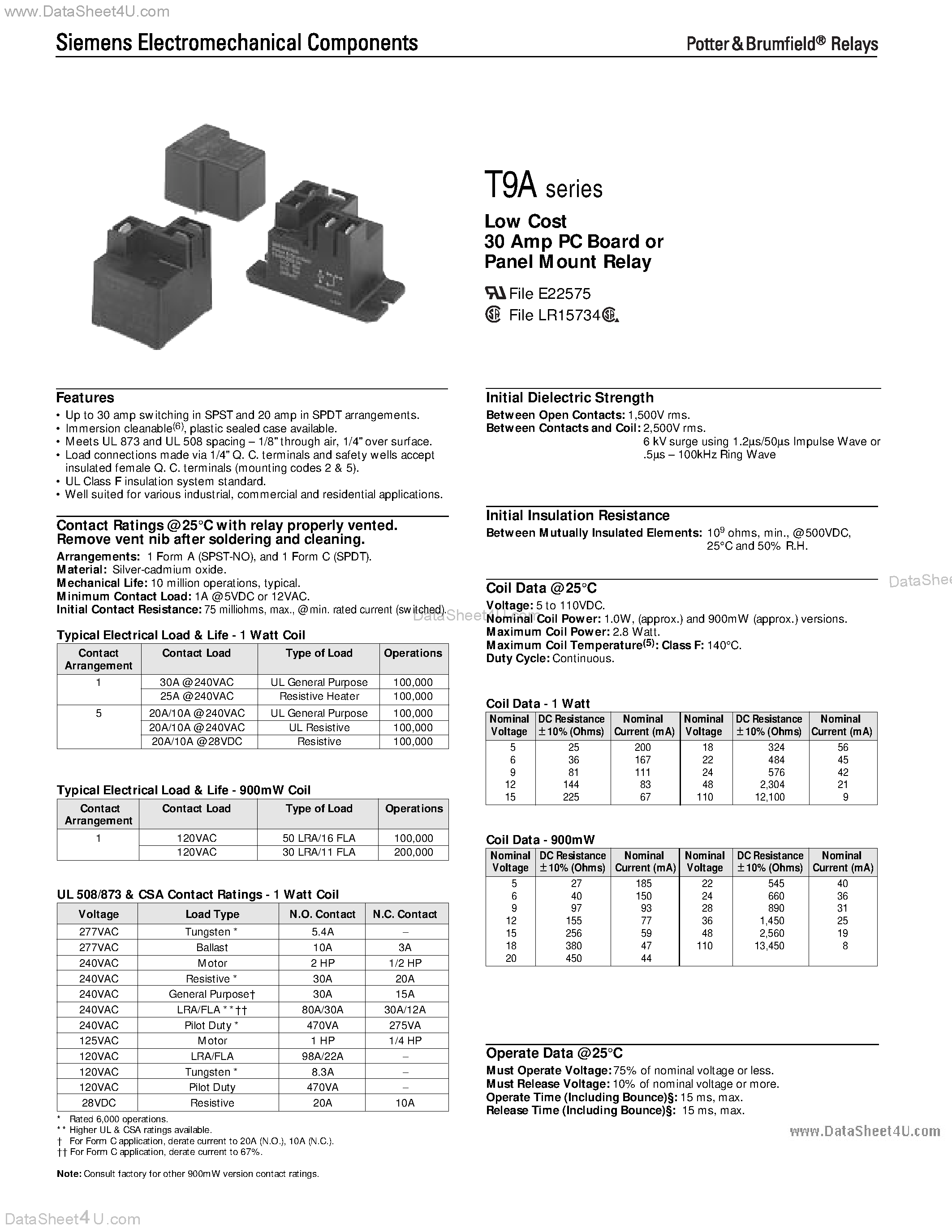 Datasheet T9AP1D52-xx - (T9A Series) Low Cost 30 Amp PC Board or Panel Mount Relay page 1