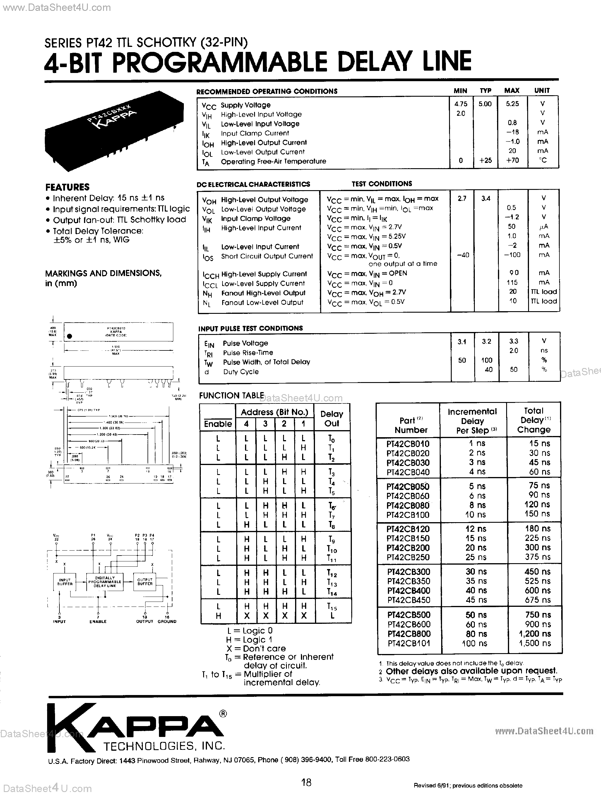 Datasheet PT42C - 4-Bit Programmable Delay Line page 1