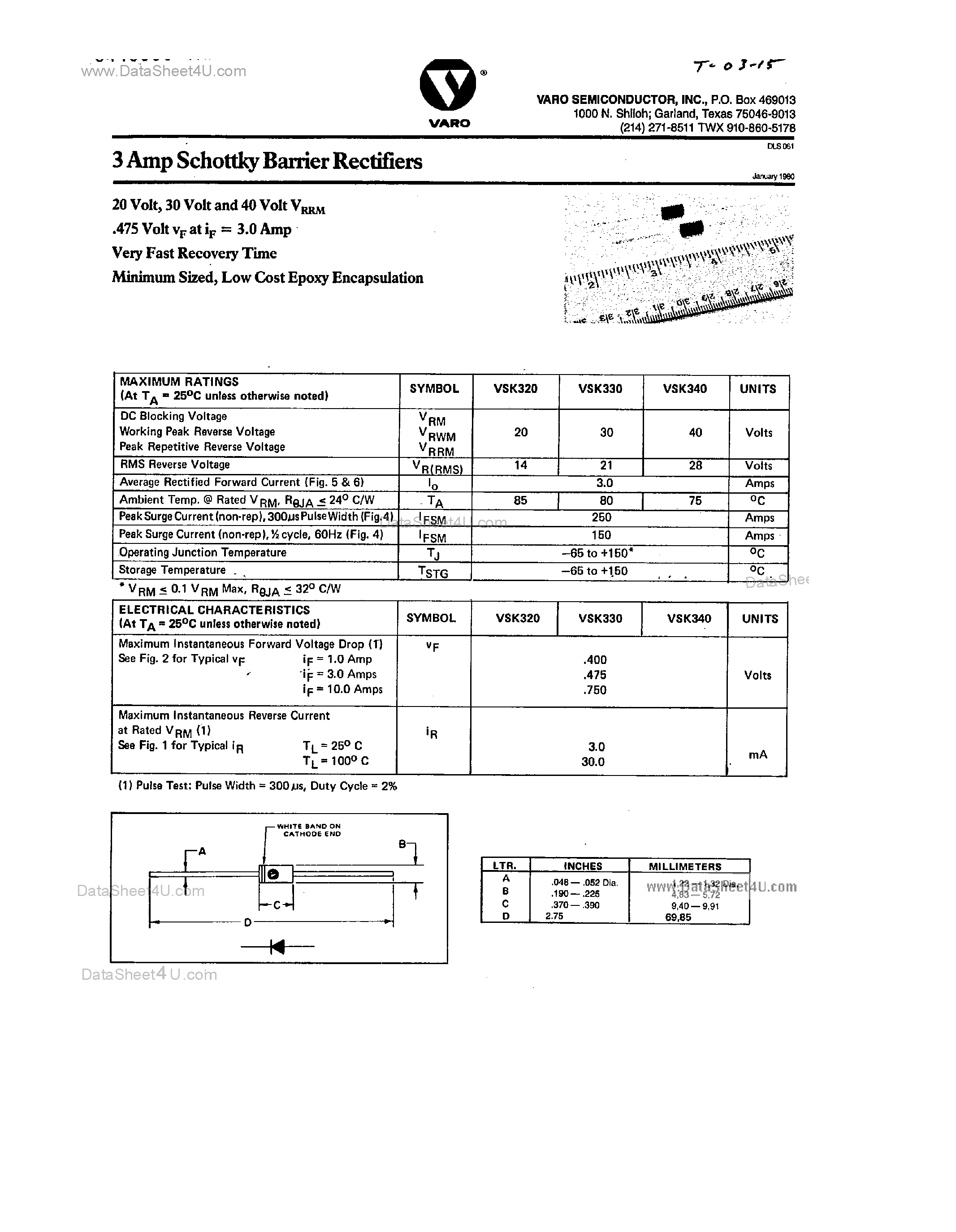 Даташит VSK320 - (VSK320 - VSK340) 3 Amp Schottky Barrier Rectifiers страница 1