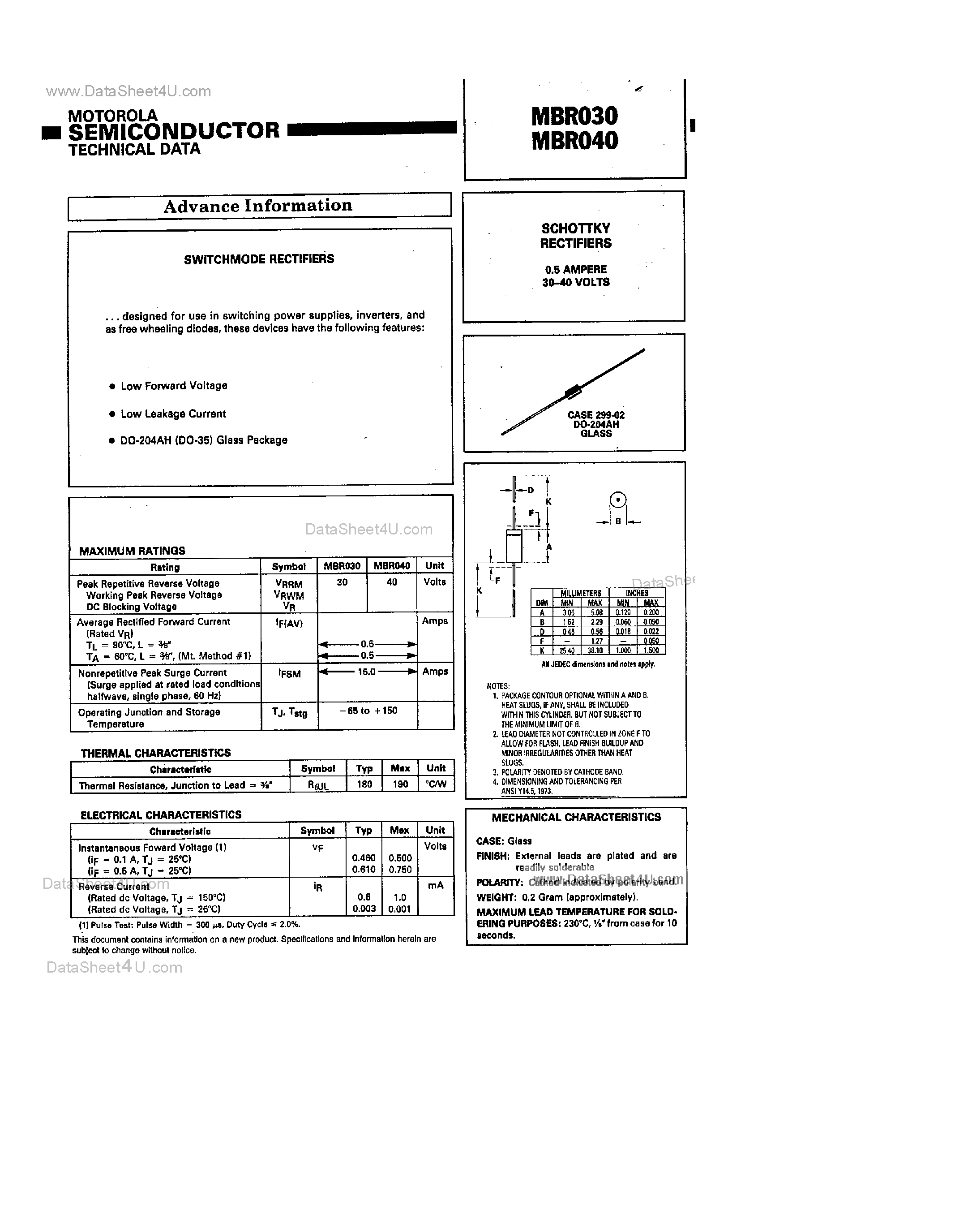 Datasheet MBR030 page 1 Datasheet MBR030 - (MBR030 / MBR040) Schottky Rectifiers page 1