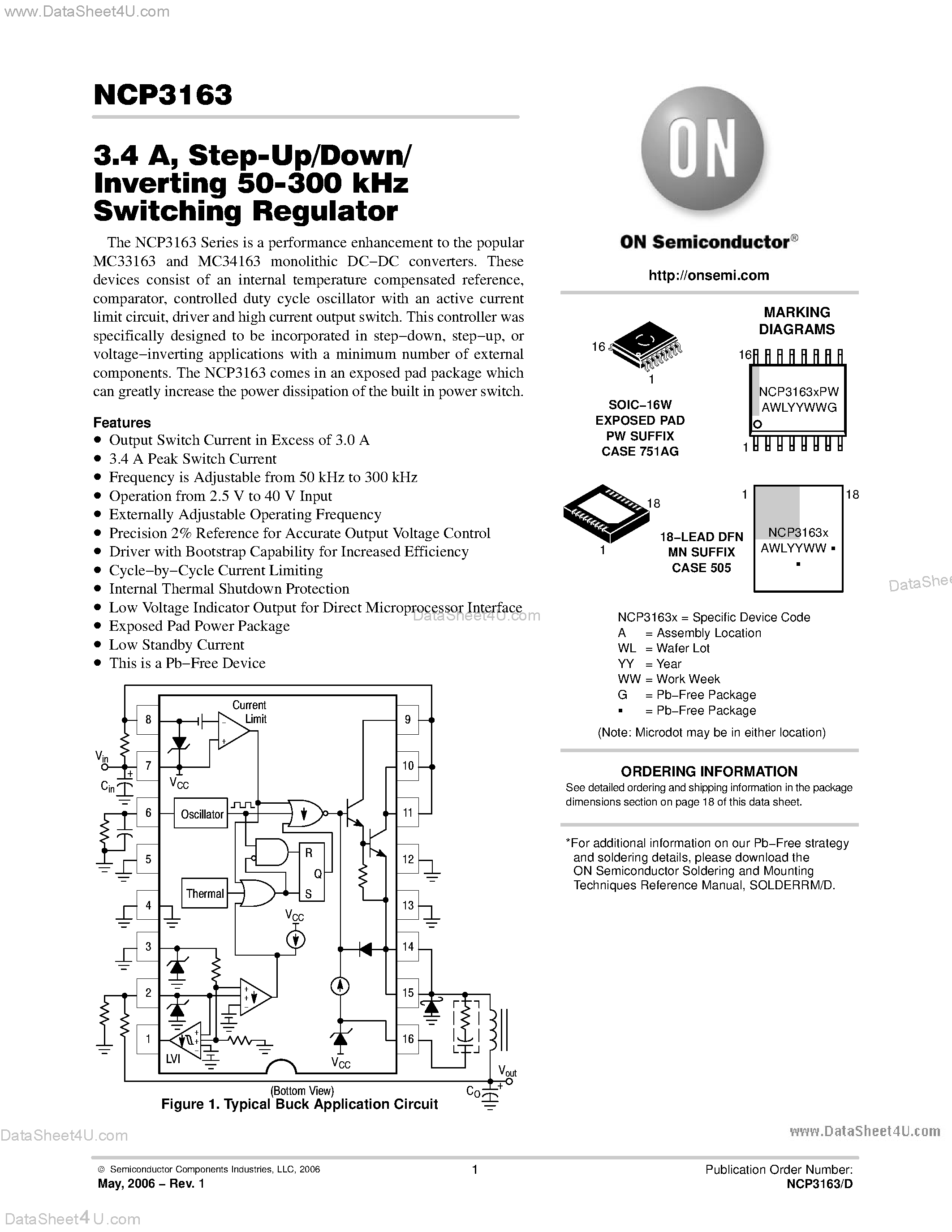 Datasheet NCP3163 page 1 Datasheet NCP3163 - Step up / down Inverting Switching Regulator page 1