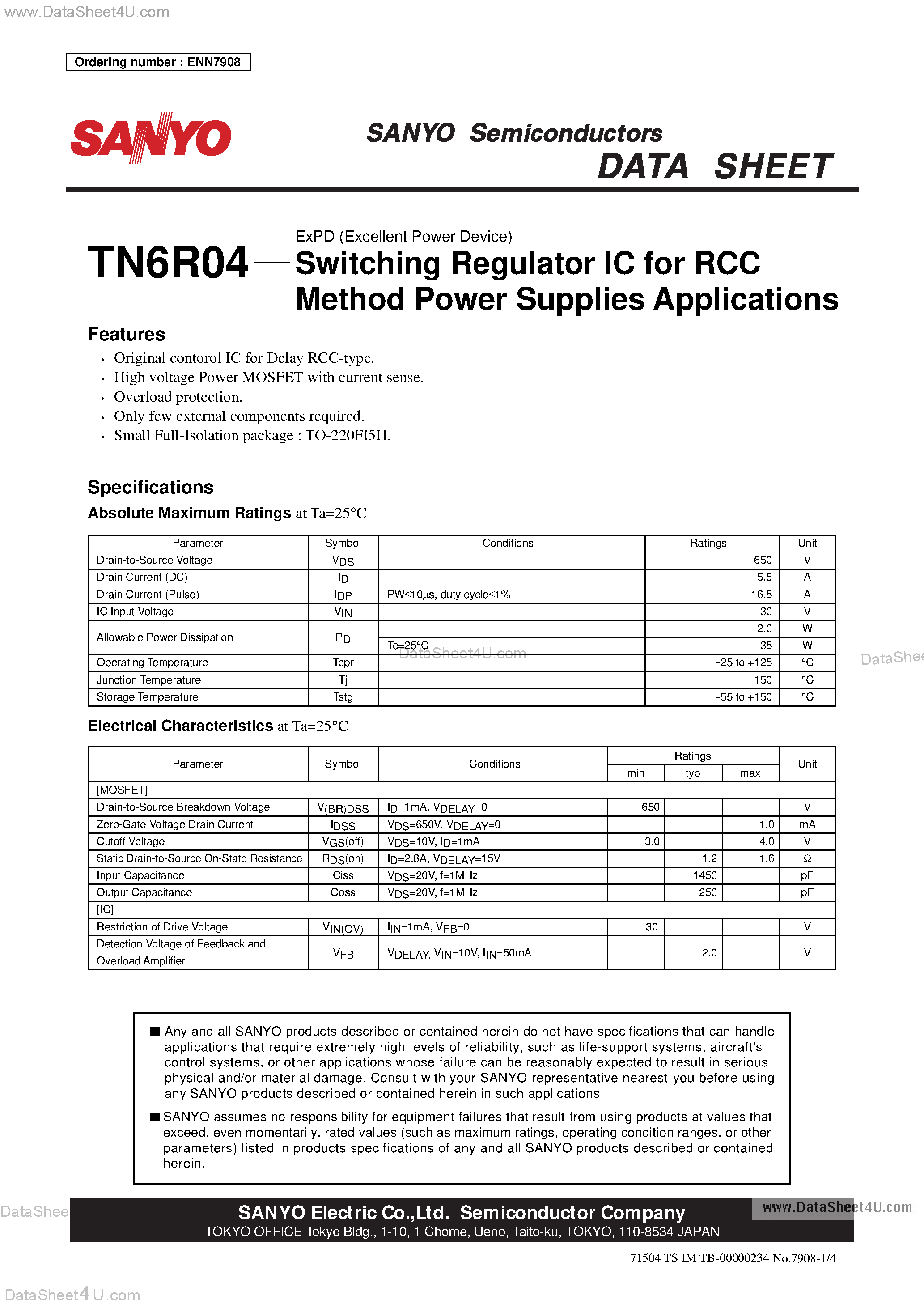 Datasheet TN6R04 - Switching Regulator IC for RCC Method Power Supplies Applications page 1