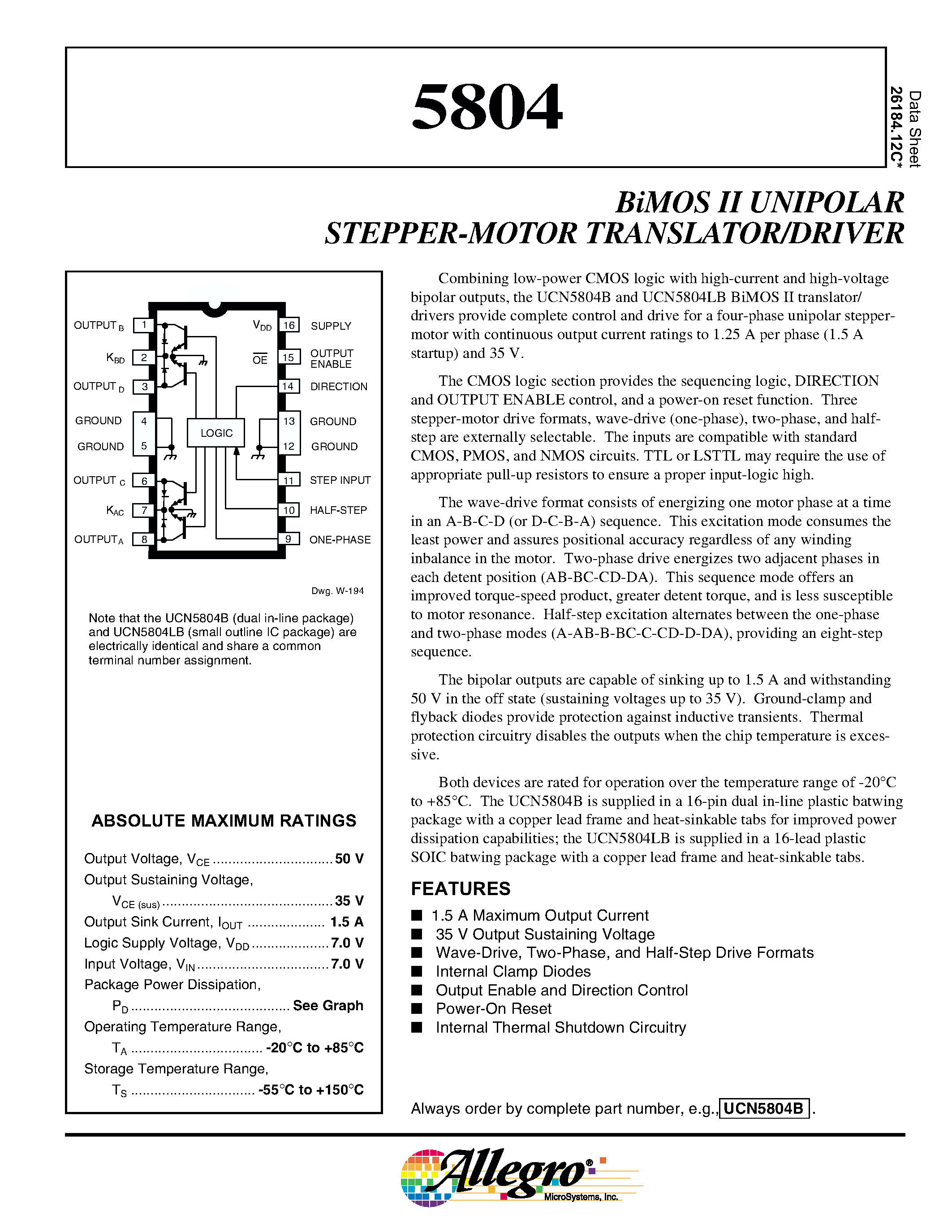 Даташит UCN5804 - BiMOS II UNIPOLAR STEPPER-MOTOR TRANSLATOR/DRIVER страница 1