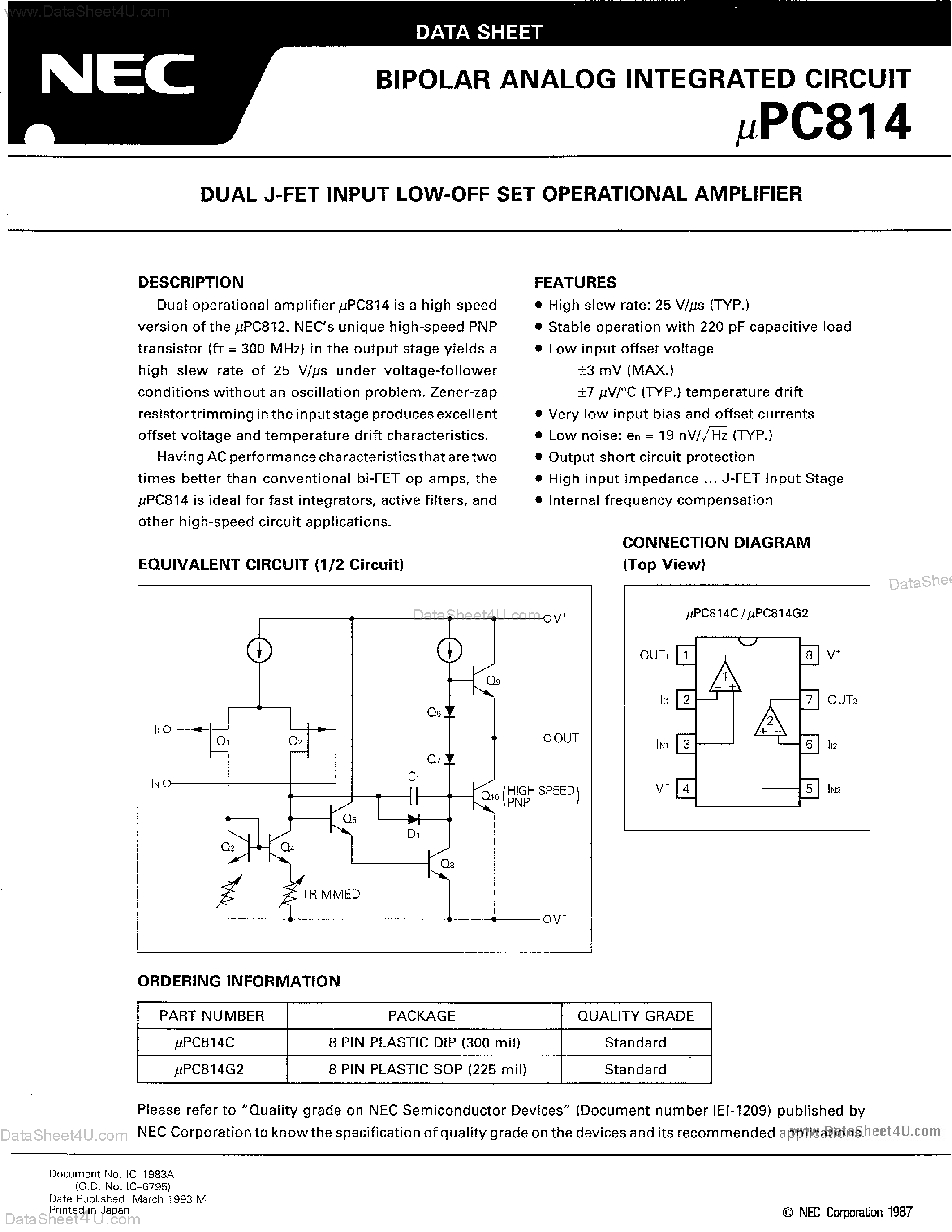 Datasheet UPC814 - Dual J-FET Input Low Off Set Operational Amplifier page 1