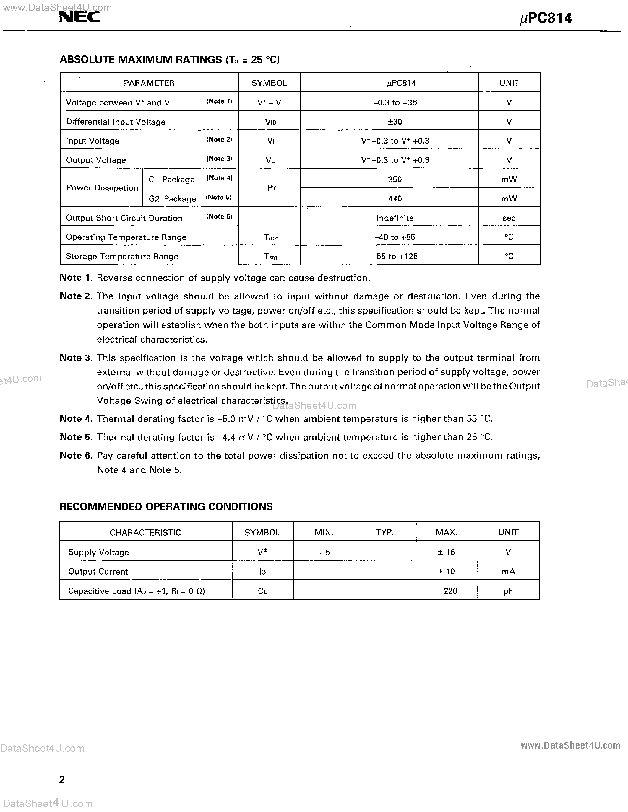 Datasheet UPC814 - Dual J-FET Input Low Off Set Operational Amplifier page 2