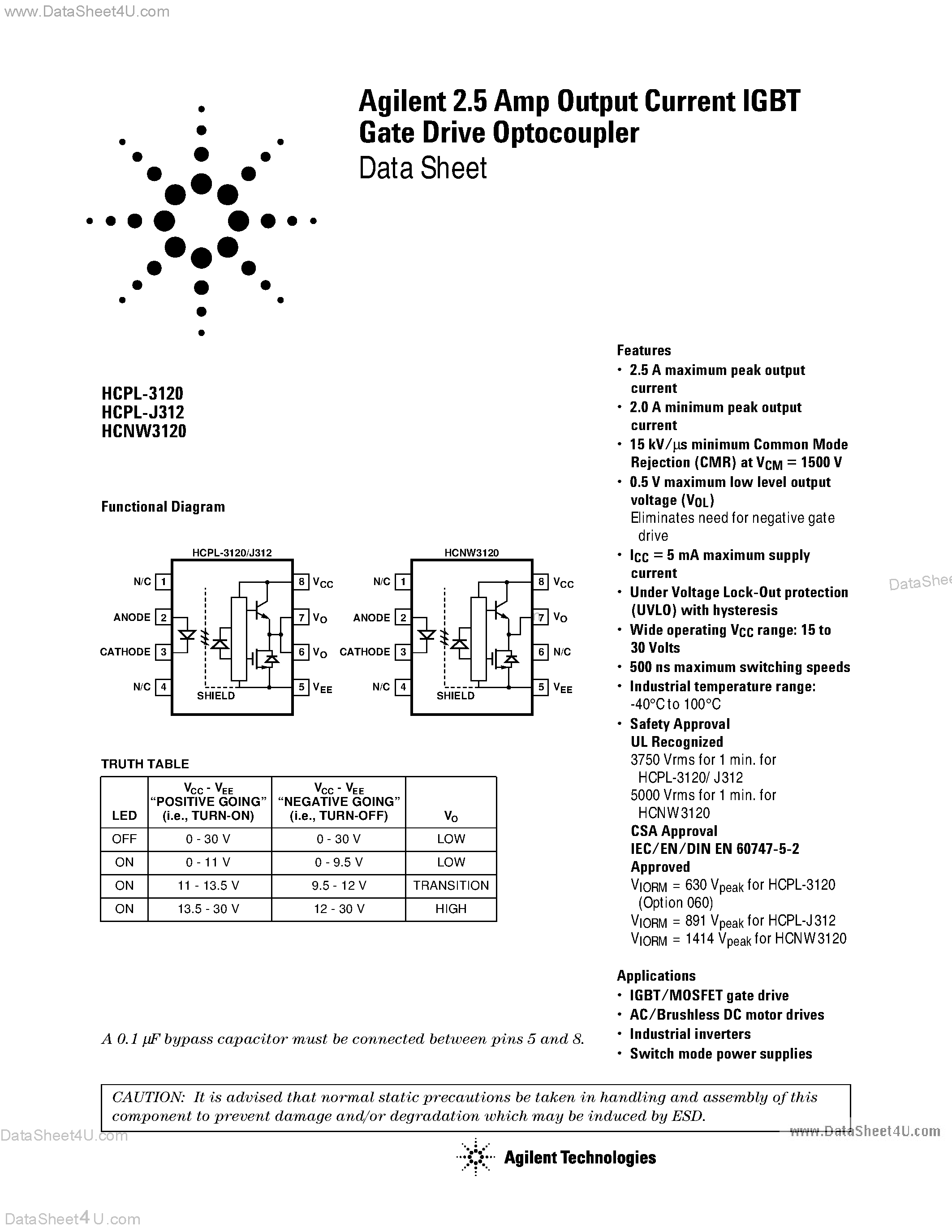 Даташит HCPL-J312 - 2.0 Amp Output Current IGBT Gate Drive Optocoupler страница 1