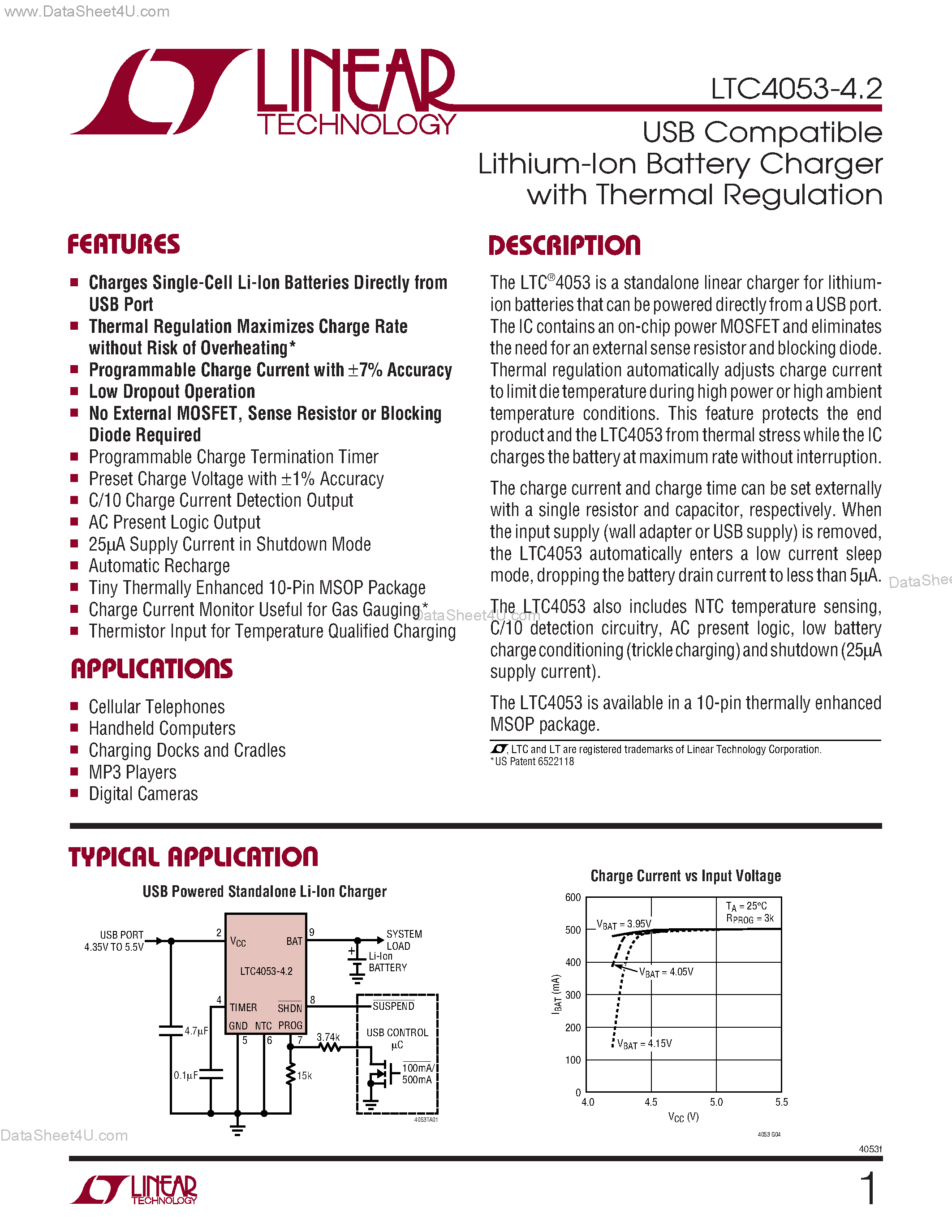 Datasheet LTC4053-4.2 - USB Compatible Lithium Ion Battery Charger page 1