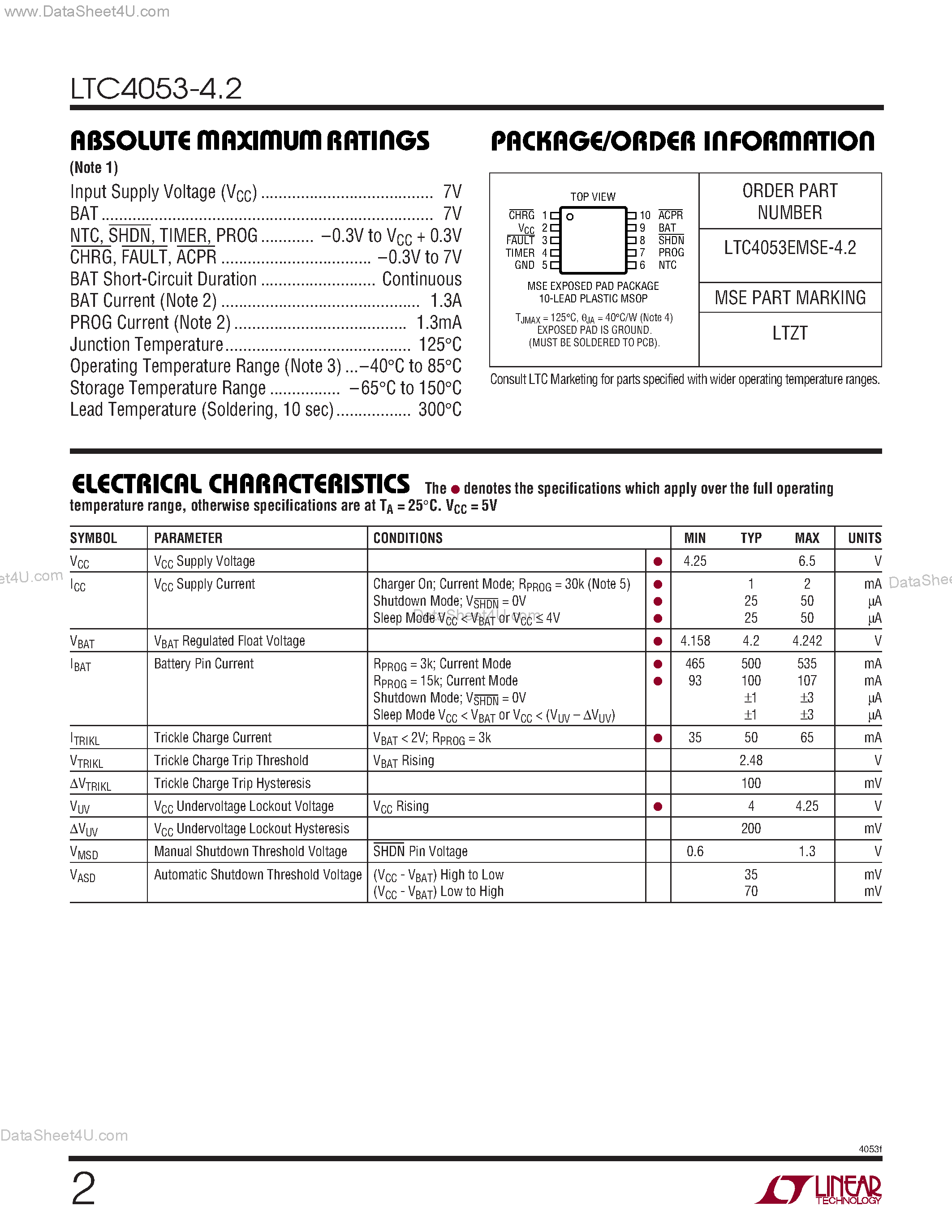 Datasheet LTC4053-4.2 - USB Compatible Lithium Ion Battery Charger page 2