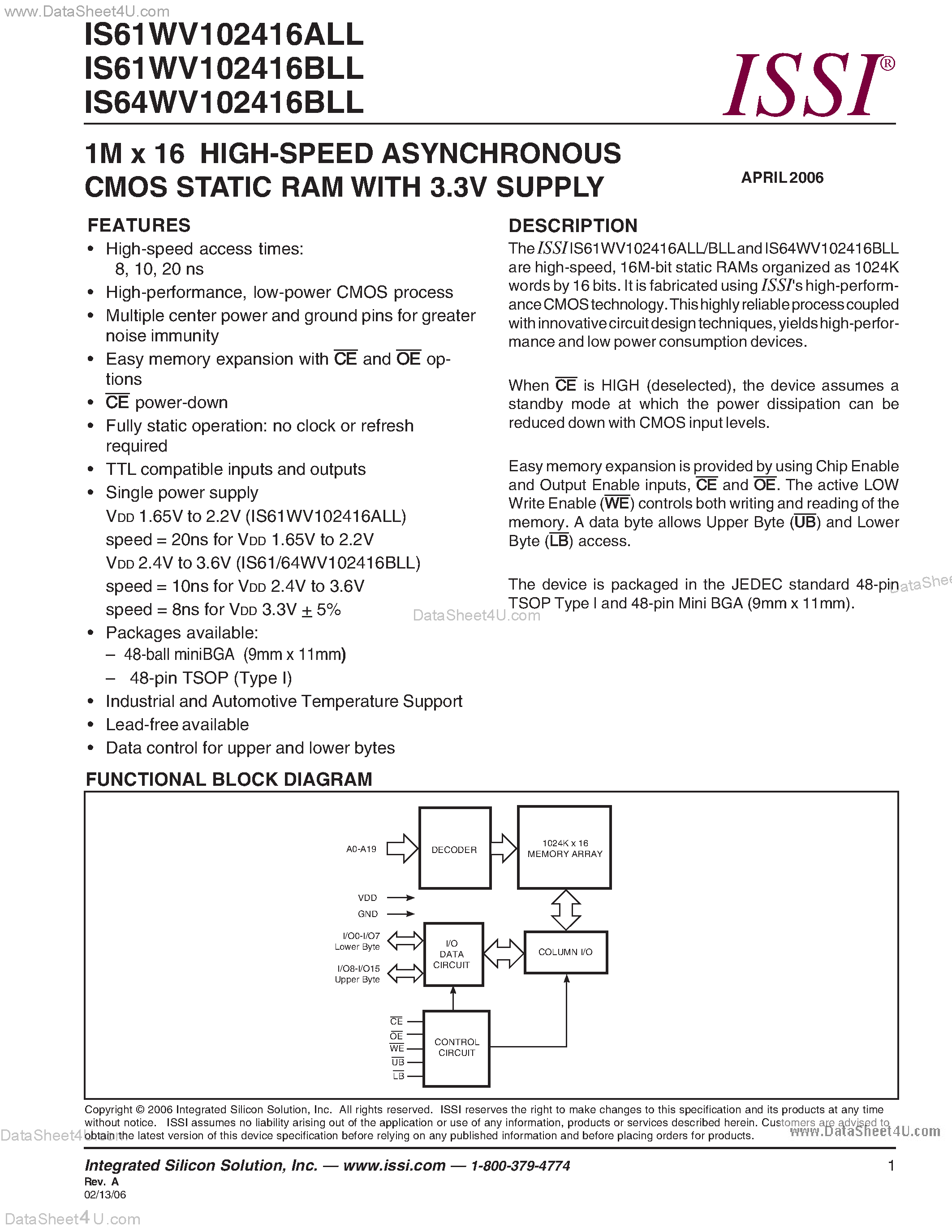 Datasheet IS61WV102416ALL - (IS6xWV102416xLL) 1M x 16 HIGH-SPEED ASYNCHRONOUS CMOS STATIC RAM WITH 3.3V SUPPLY page 1