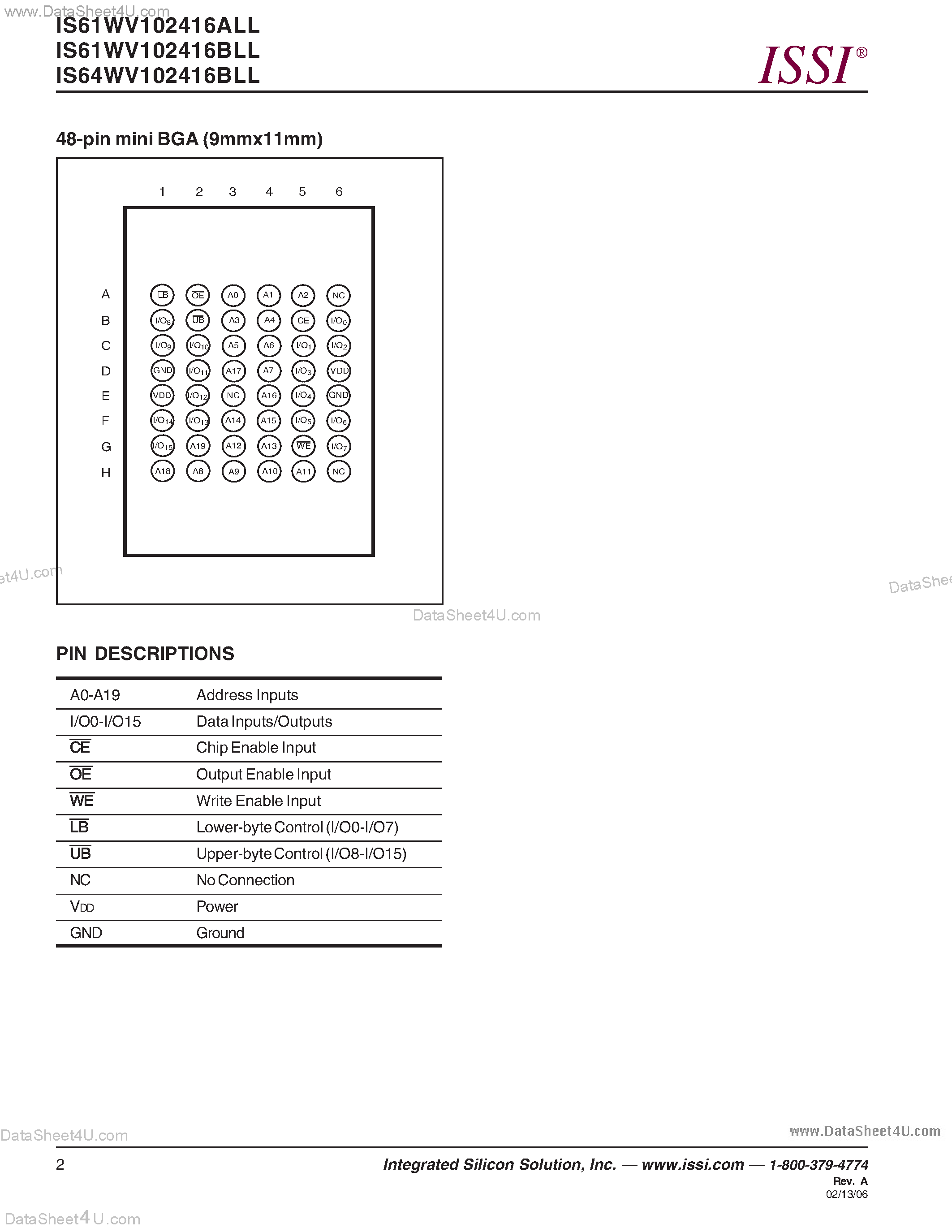 Datasheet IS61WV102416ALL - (IS6xWV102416xLL) 1M x 16 HIGH-SPEED ASYNCHRONOUS CMOS STATIC RAM WITH 3.3V SUPPLY page 2