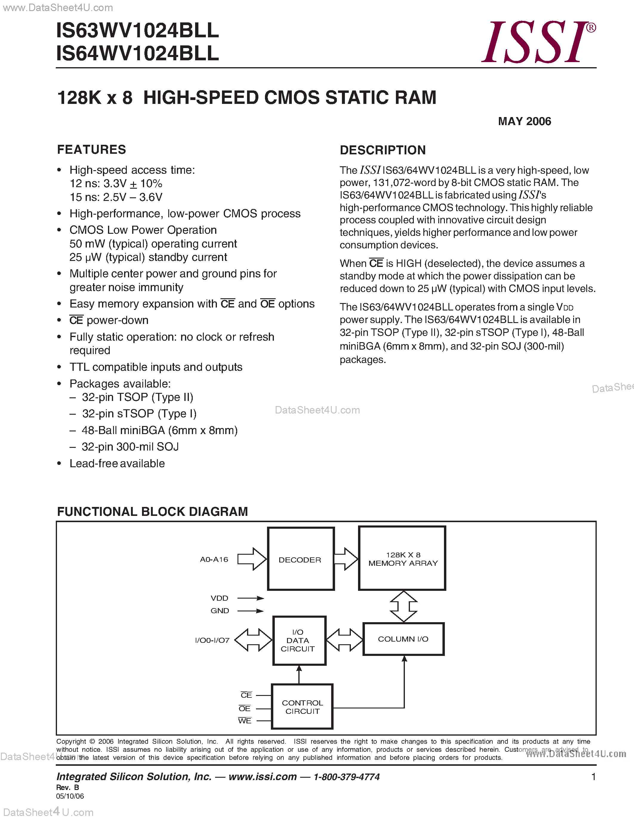 Даташит IS63WV1024BLL - (IS63WV1024BLL / IS64WV1024BLL) 128K x 8 HIGH-SPEED CMOS STATIC RAM страница 1