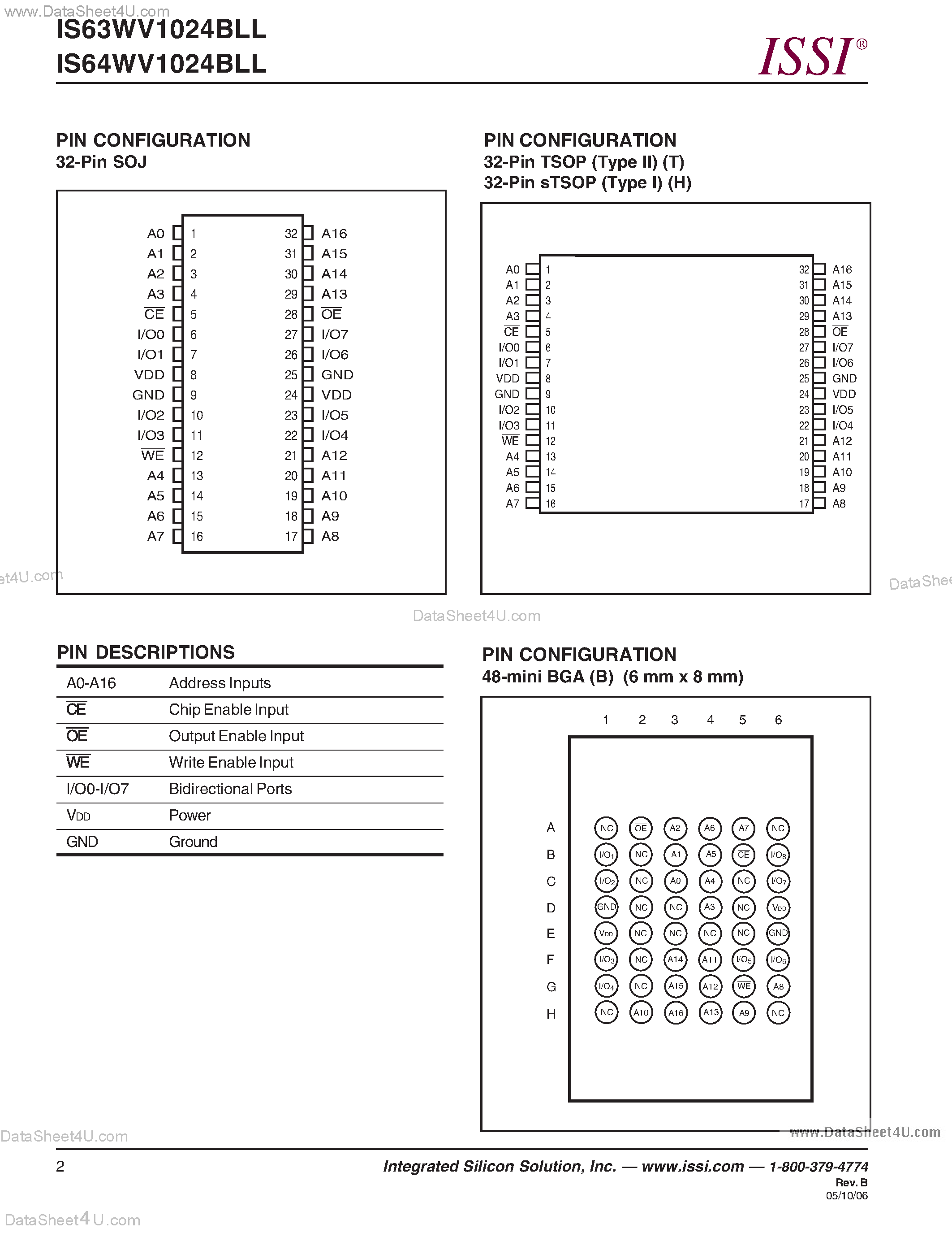 Даташит IS63WV1024BLL - (IS63WV1024BLL / IS64WV1024BLL) 128K x 8 HIGH-SPEED CMOS STATIC RAM страница 2