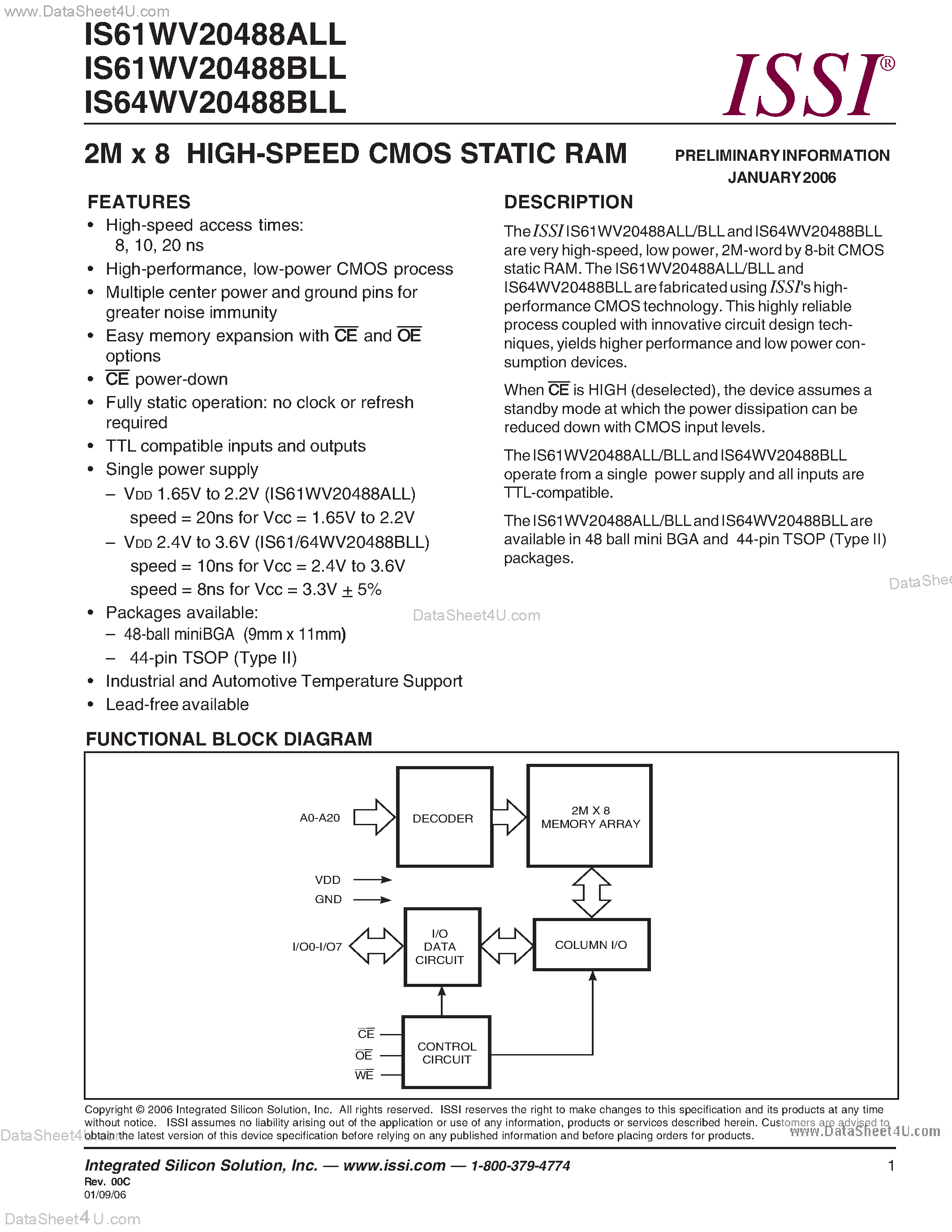 Даташит IS61WV20488ALL - (IS6xWV20488xLL) 2M x 8 HIGH-SPEED CMOS STATIC RAM страница 1
