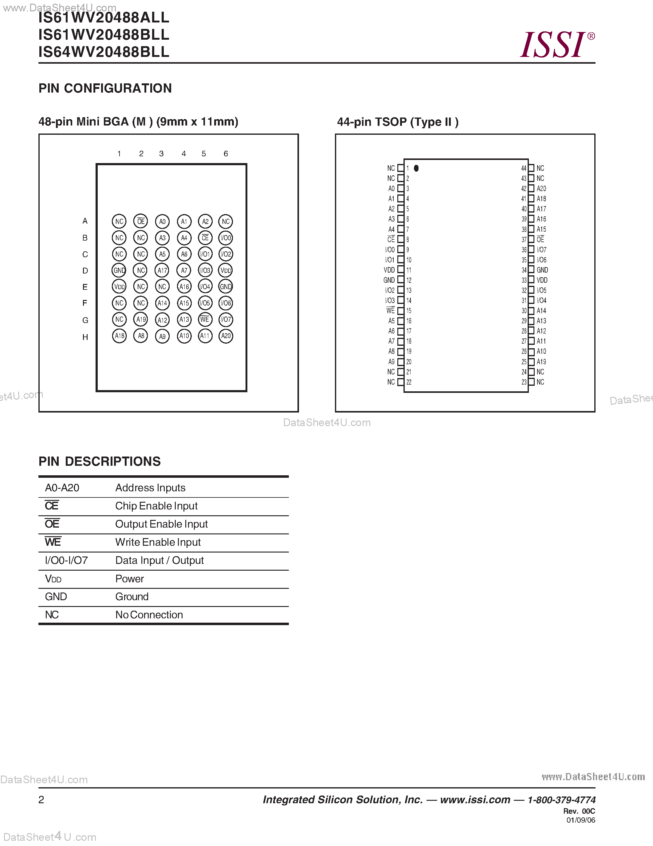 Даташит IS61WV20488ALL - (IS6xWV20488xLL) 2M x 8 HIGH-SPEED CMOS STATIC RAM страница 2