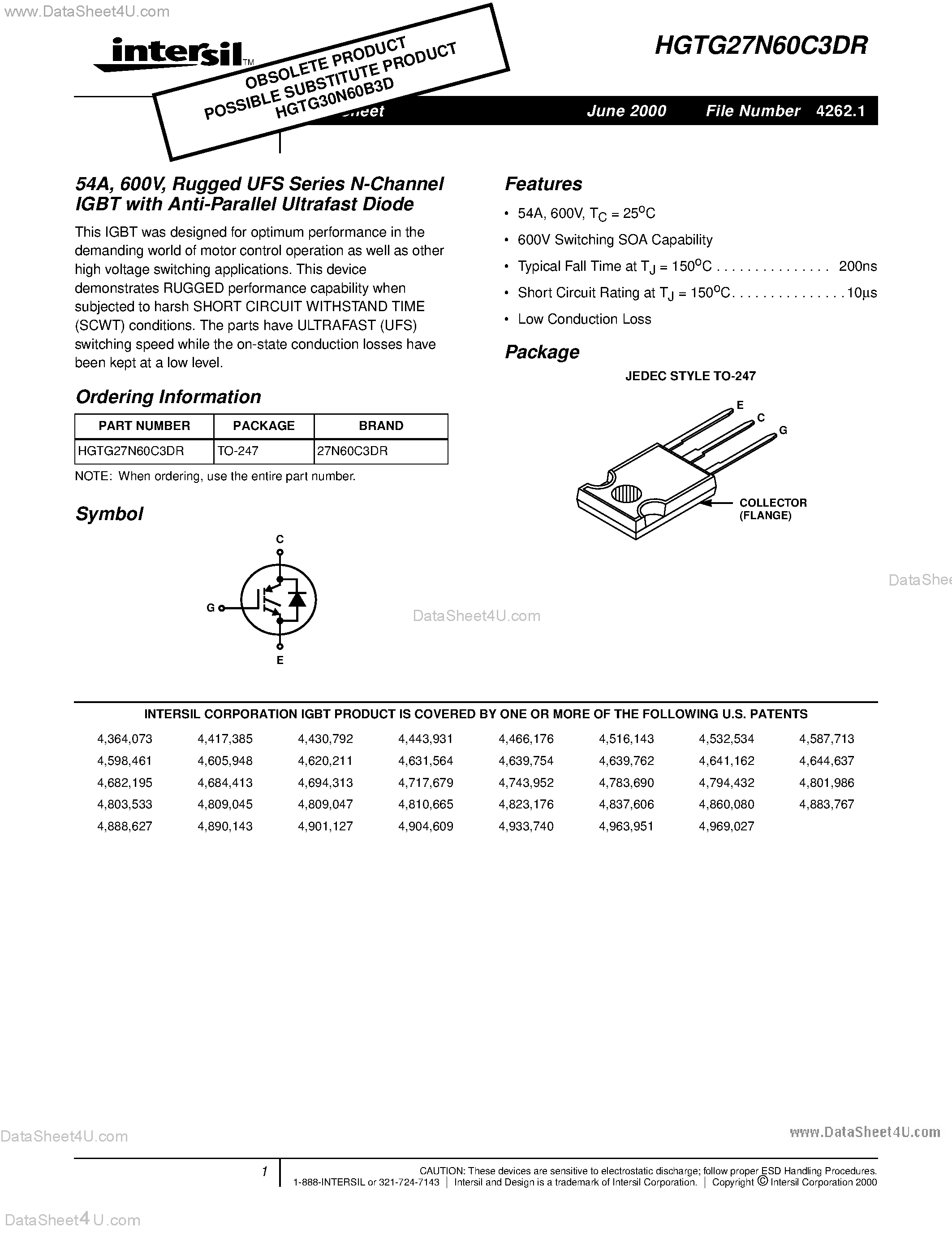 Datasheet HGTG27N60C3DR - N-Channel IGBT page 1