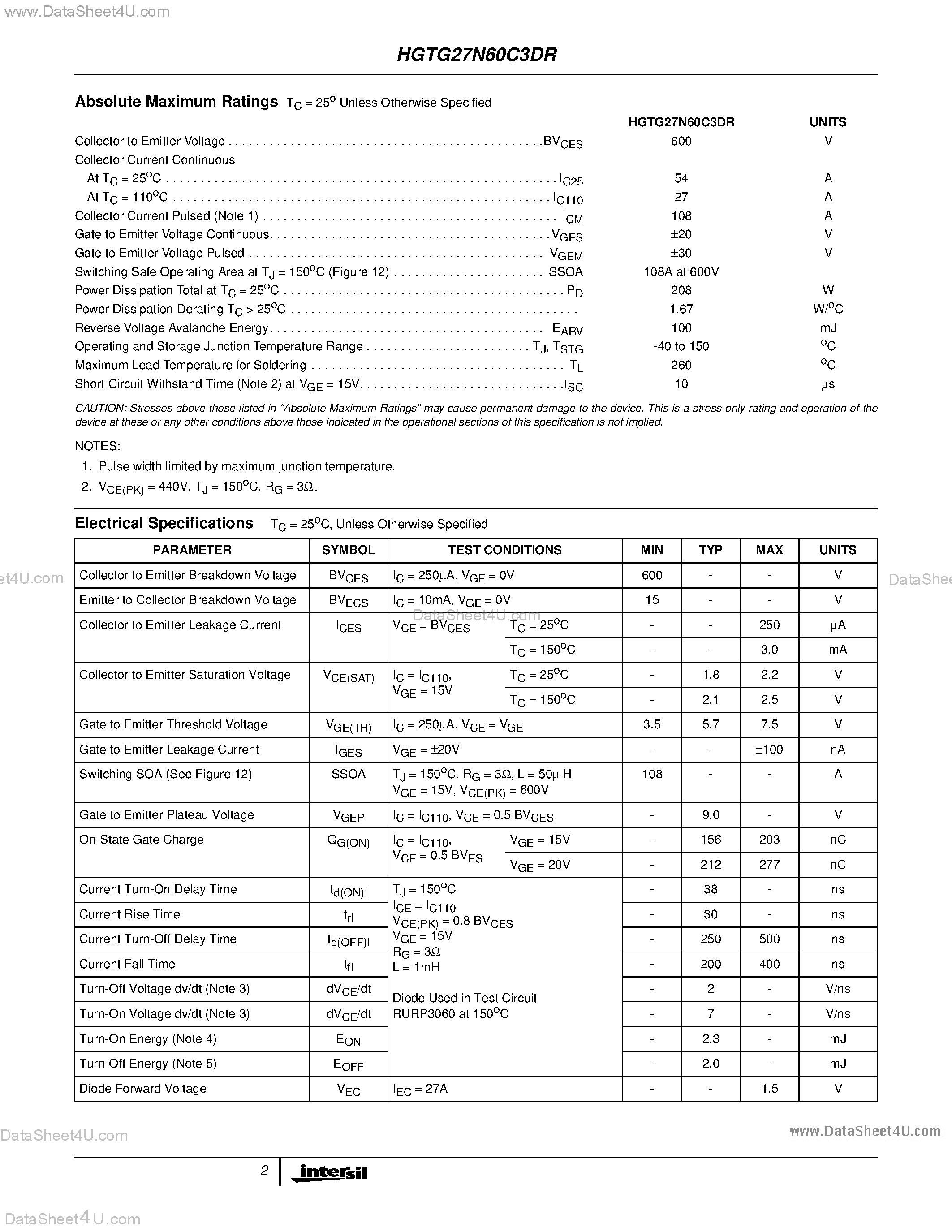 Datasheet HGTG27N60C3DR - N-Channel IGBT page 2
