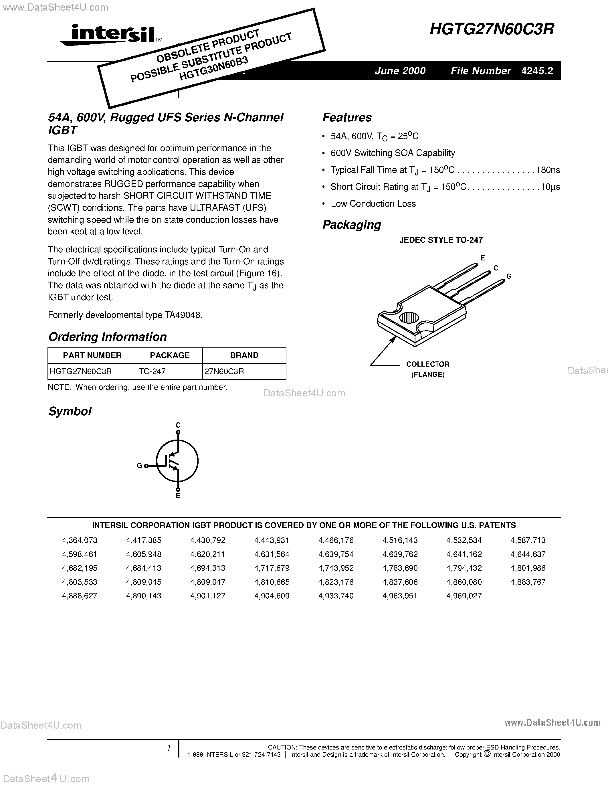 Datasheet HGTG27N60C3R - N-Channel IGBT page 1