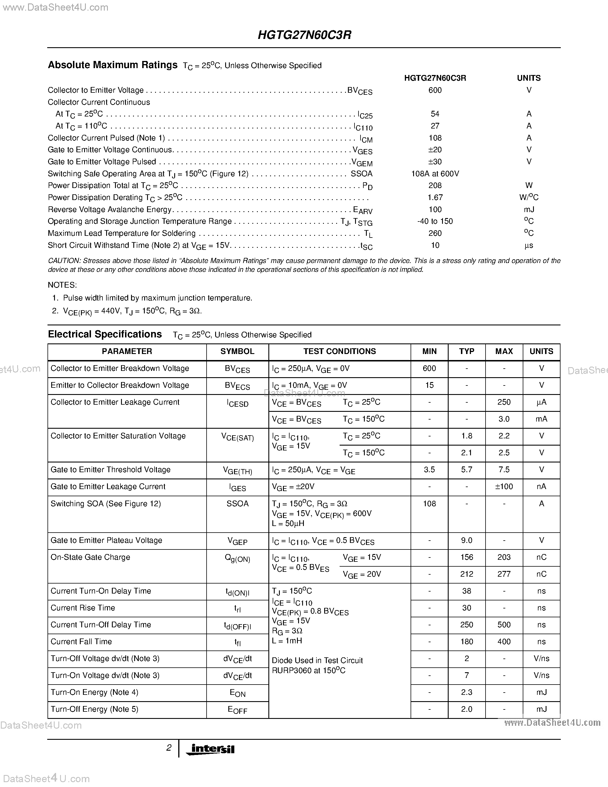 Datasheet HGTG27N60C3R - N-Channel IGBT page 2